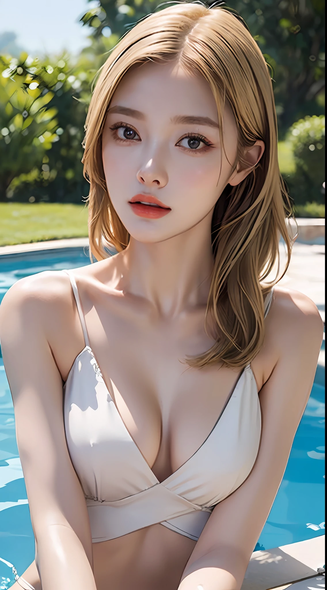 ((Best Quality, 8k, Masterpiece: 1.3)), 1 woman, Beautiful girl with slender abs: 1.3, blonde, big: 1.2, seductive pose, pool, ultra-detailed face, highly detailed lips, detailed eyes, double eyelids