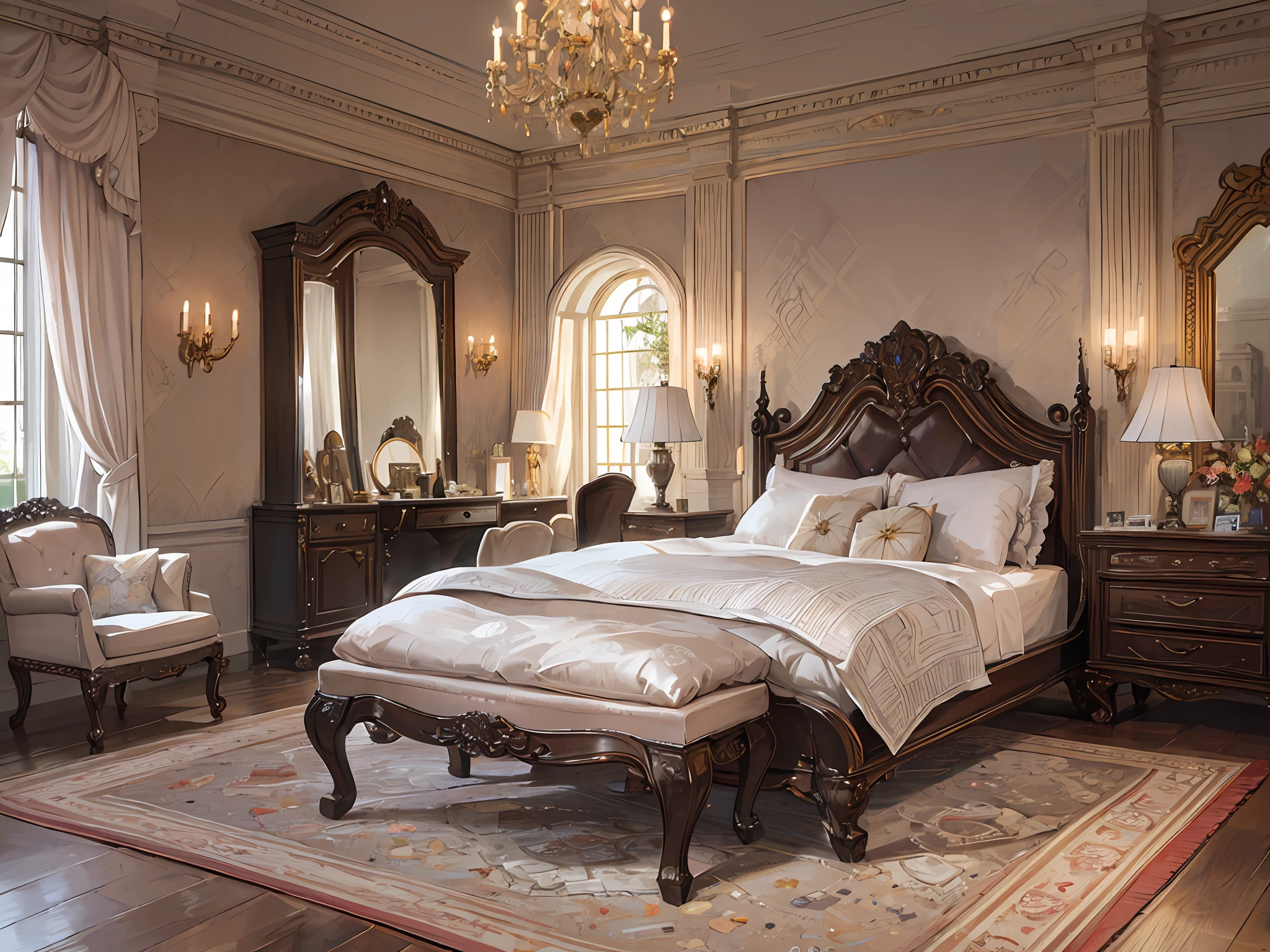 European castle bedroom, a soft bed, a coffee table, bedside table, vase, hanging paintings, dressing table, square glass windows, wooden furniture, wardrobe, intricate carvings, and oil paintings. Warm colors, award-winning masterpieces with incredible detail, large windows --v 6