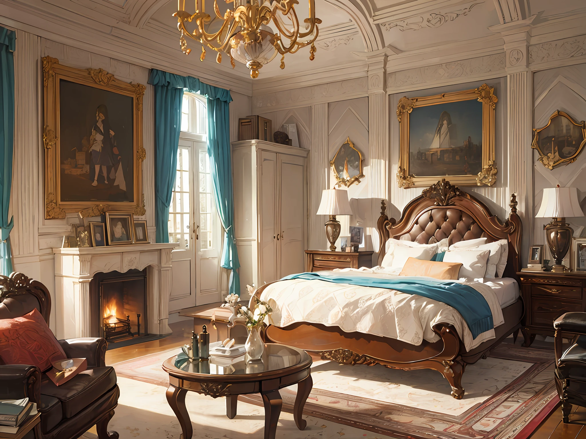 European castle bedroom, a soft bed, a coffee table, bedside table, vase, hanging paintings, dressing table, square glass windows, wooden furniture, wardrobe, intricate carvings, and oil paintings. Warm colors, award-winning masterpieces with incredible detail, large windows --v 6