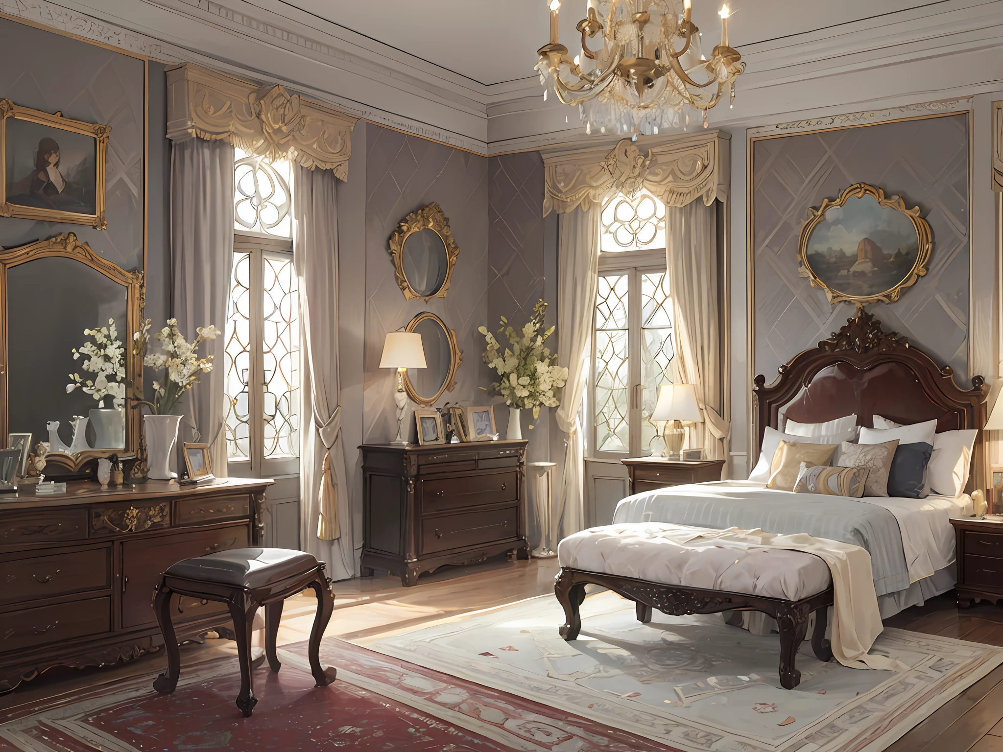 European castle bedroom, a soft bed, a coffee table, bedside table, vase, hanging paintings, dressing table, square glass windows, wooden furniture, wardrobe, intricate carvings, and oil paintings. Warm colors, award-winning masterpieces with incredible detail, large windows --v 6