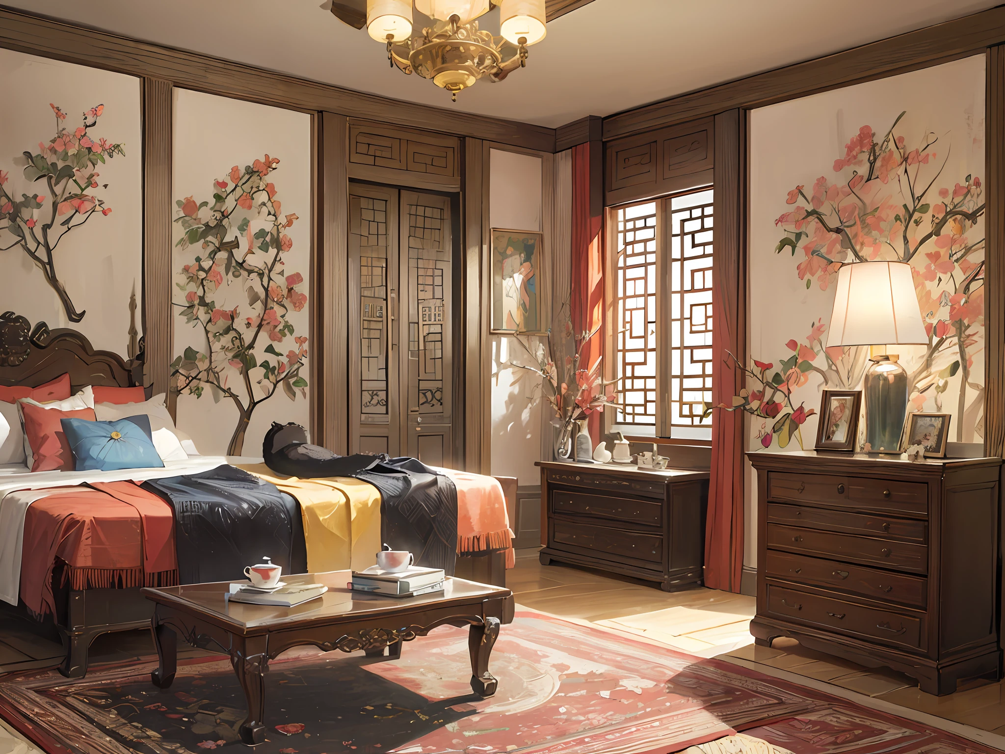 Antique Chinese bedroom, a soft bed, a coffee table, bedside tables, vases, hanging paintings, dressers, square glass windows, wooden furniture, wardrobes, intricate carvings, and oil paintings. Warm colors, award-winning masterpieces with incredible detail, large windows --v 6