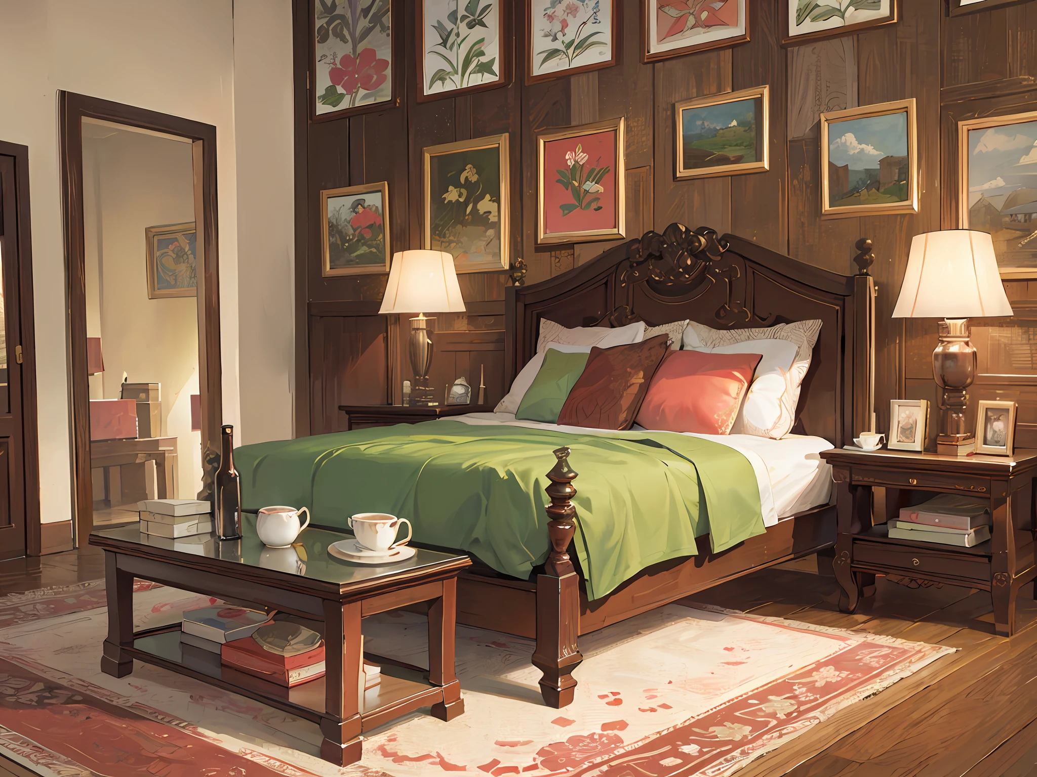 Antique Chinese bedroom, a soft bed, a coffee table, bedside tables, vases, hanging paintings, dressers, square glass windows, wooden furniture, wardrobes, intricate carvings, and oil paintings. Warm colors, award-winning masterpieces with incredible detail, large windows --v 6