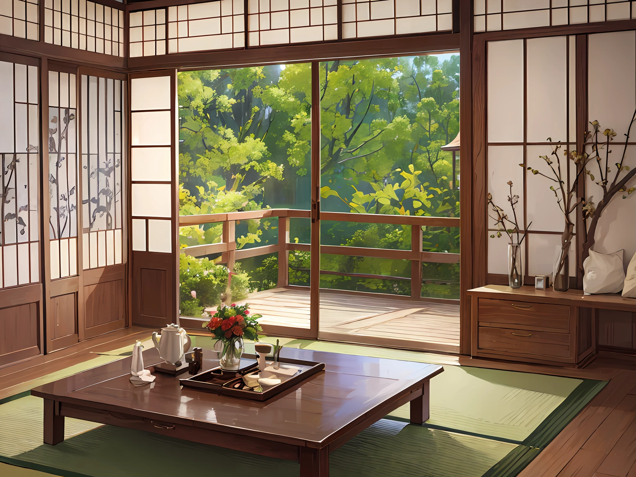 Japanese-style bedroom, tatami, a coffee table, bedside table, vase, hanging painting, dresser, square glass windows, wooden furniture, wardrobe, wooden structure, hanging painting, warm colors, award-winning masterpiece with incredible detail, large windows --v 6