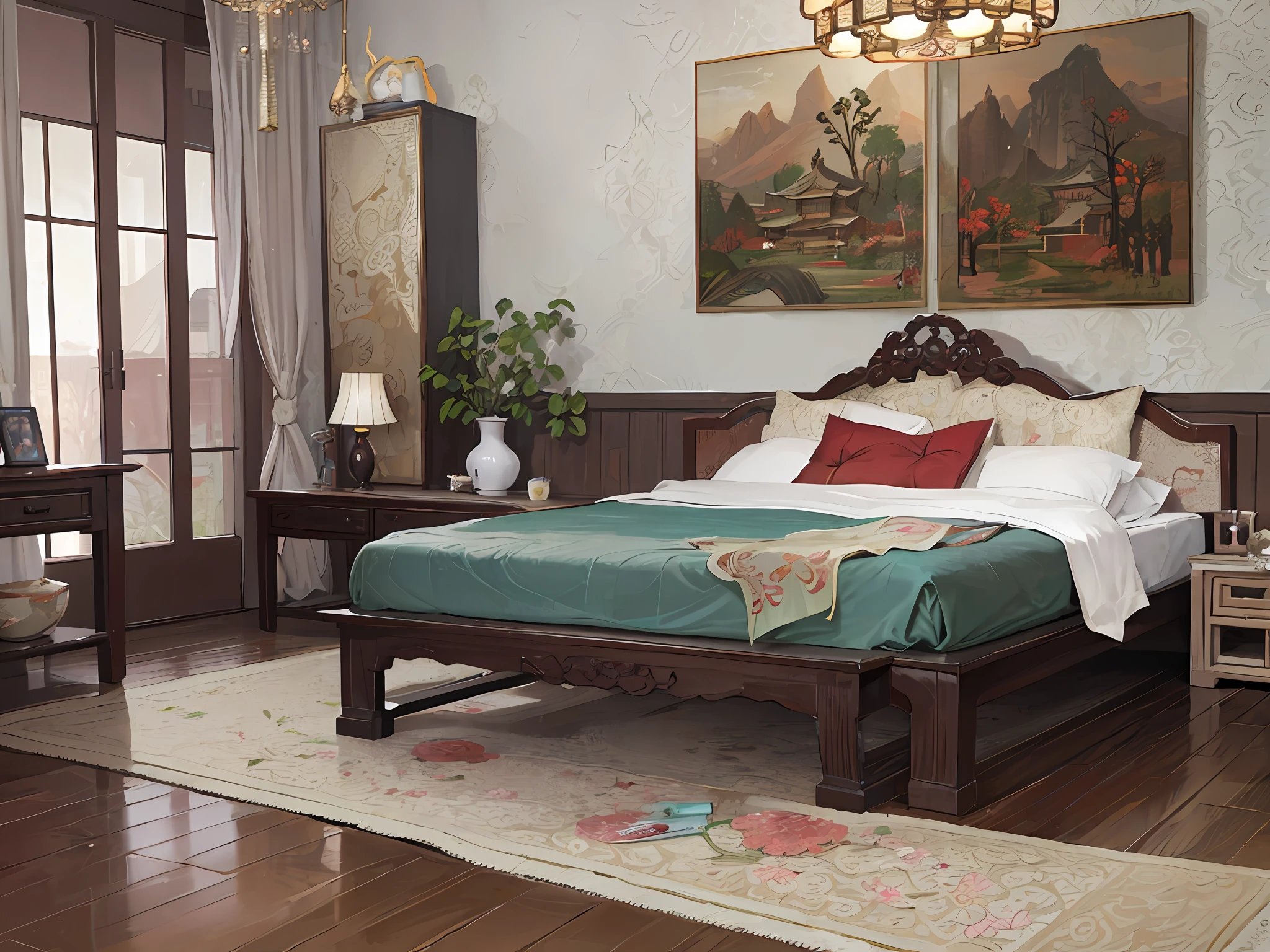 Antique Chinese bedroom, a soft bed, a coffee table, bedside tables, vases, hanging paintings, dressers, square glass windows, wooden furniture, wardrobes, intricate carvings, and Chinese ink paintings. Warm colors, award-winning masterpieces with incredible detail, large windows --v 6