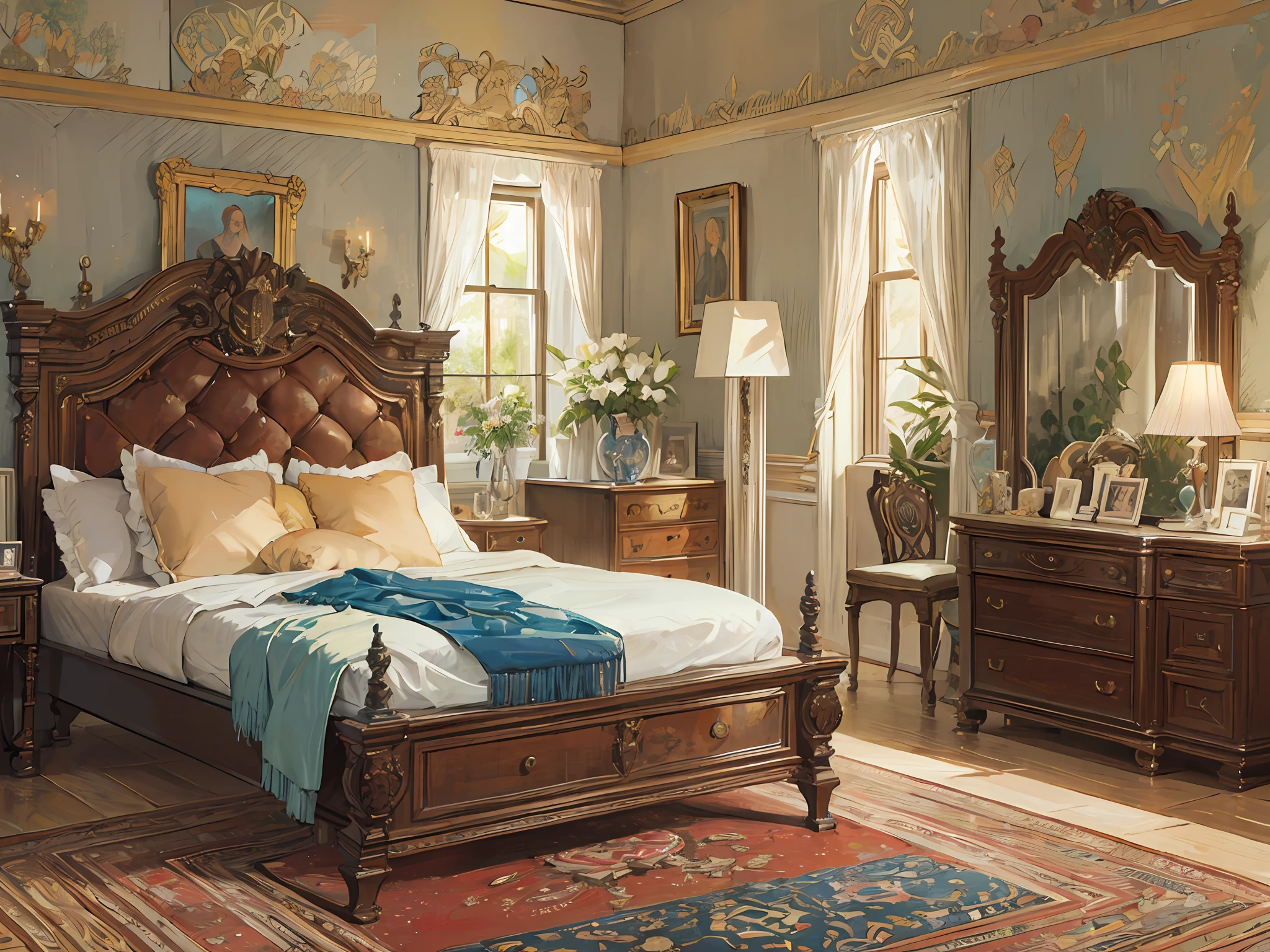 Italianate style, a soft bed, a coffee table, bedside tables, vases, hanging paintings, dressers, square glass windows, wooden furniture, wardrobes, intricate carvings, and oil paintings. Warm colors, award-winning masterpieces with incredible detail, large windows --v 6