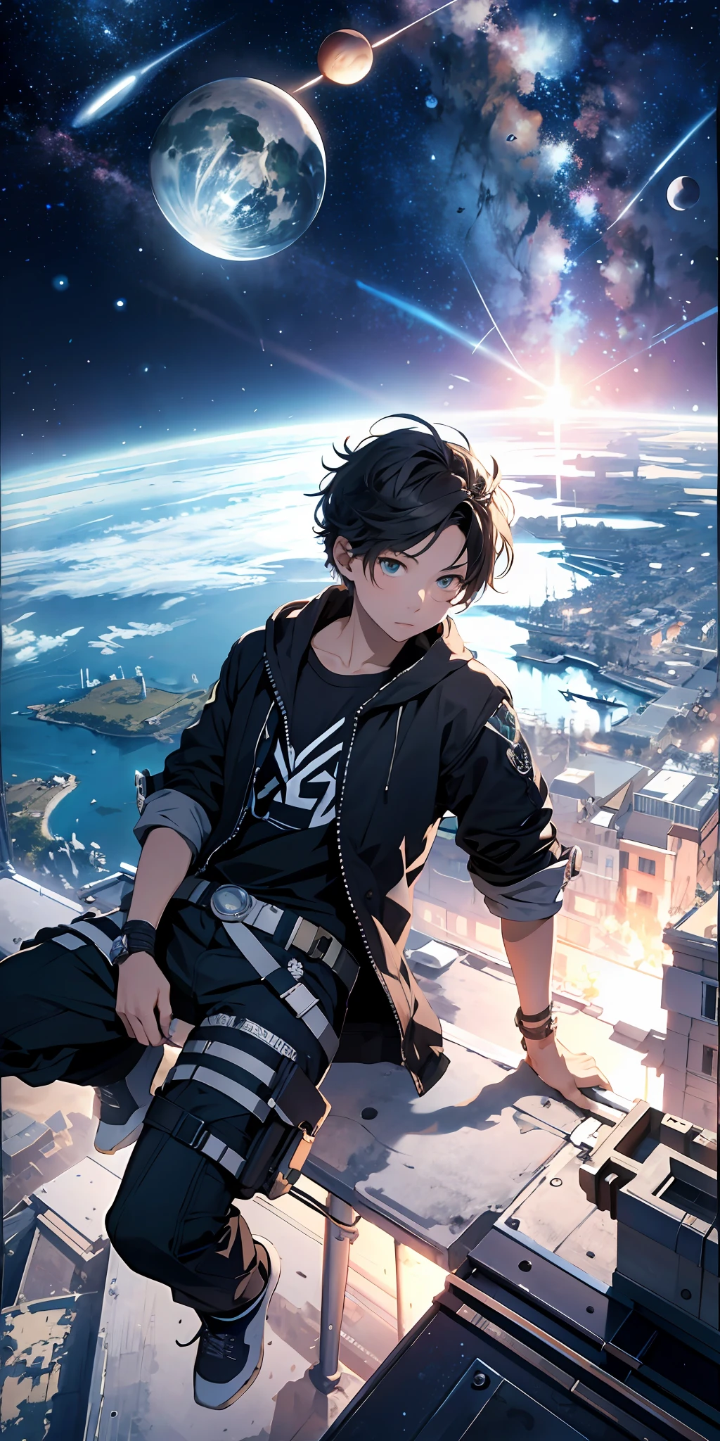 ridiculous resolution, high resolution, (masterpiece:1.4), super detailed, 1boy, seen from above, space, floating, --v 6