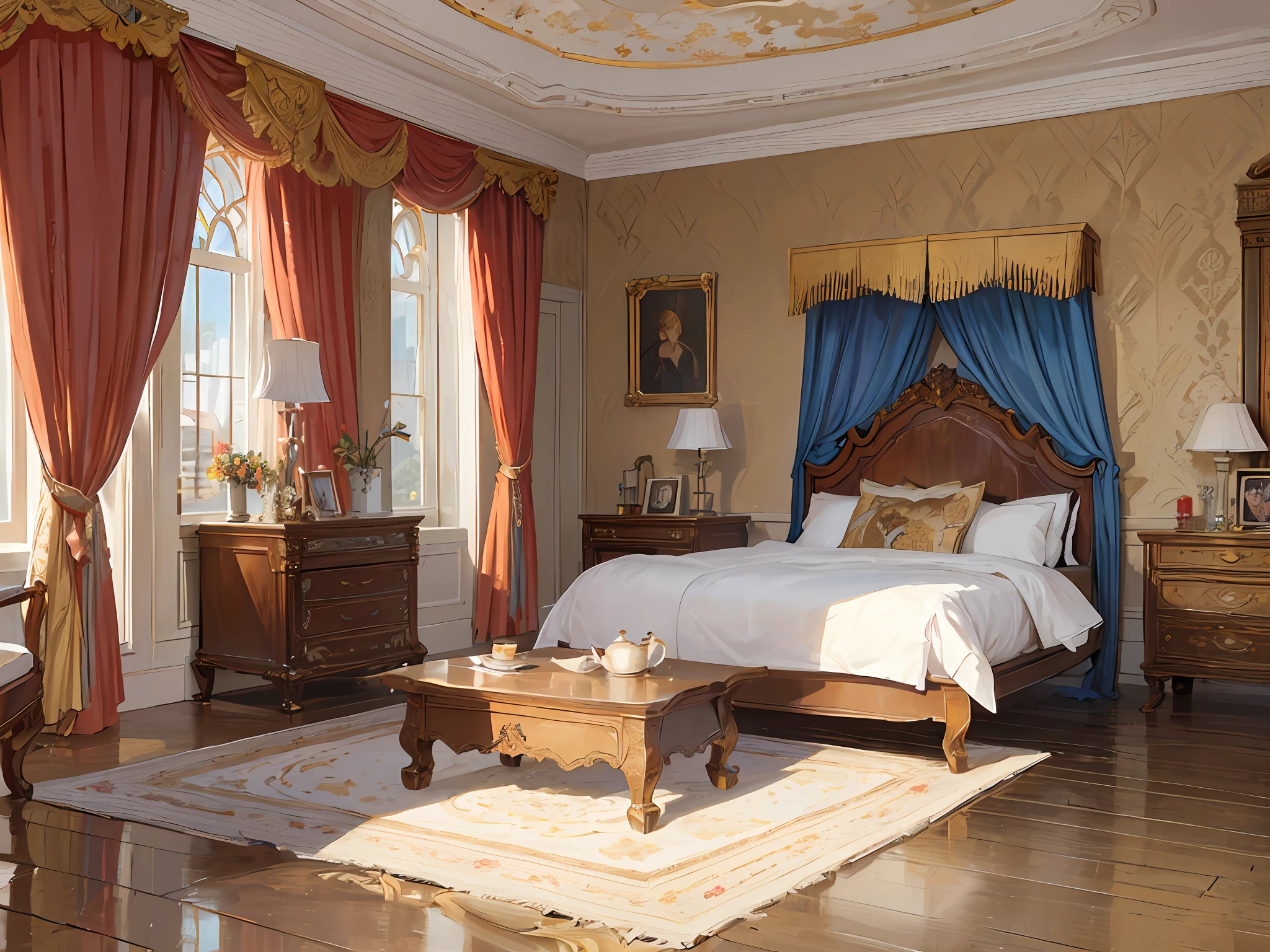 Russian-style bedroom with a soft bed, a coffee table, bedside tables, vases, hanging paintings, dressing table, square glass windows, wooden furniture, wardrobes, intricate carvings, and oil paintings. Warm colors, award-winning masterpieces with incredible detail, large windows --v 6