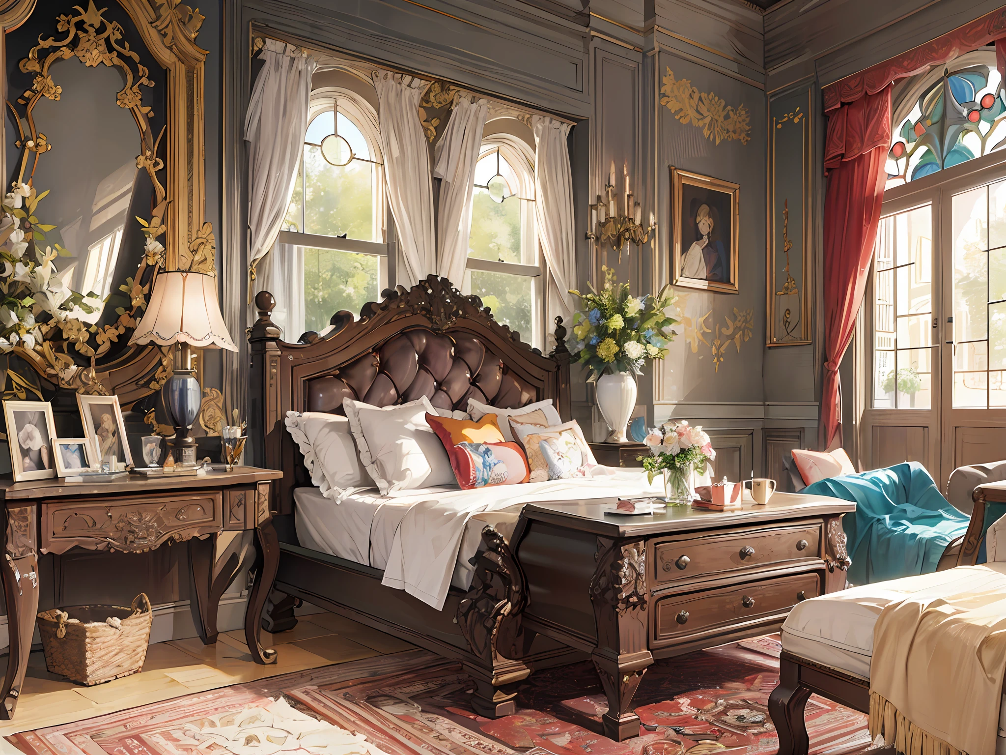 English gorgeous style, a soft bed, a coffee table, bedside tables, vases, hanging paintings, dressers, square glass windows, wooden furniture, wardrobes, intricate carvings, and oil paintings. Warm colors, award-winning masterpieces with incredible detail, large windows --v 6