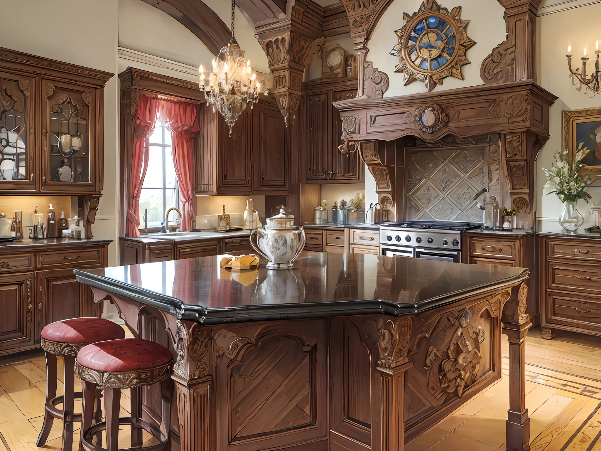 European castle kitchen, glass holders, cupboards, sinks, countertops, wooden furniture, intricate carvings, and paintings. Warm colors, award-winning masterpieces with incredible detail, large windows --v 6
