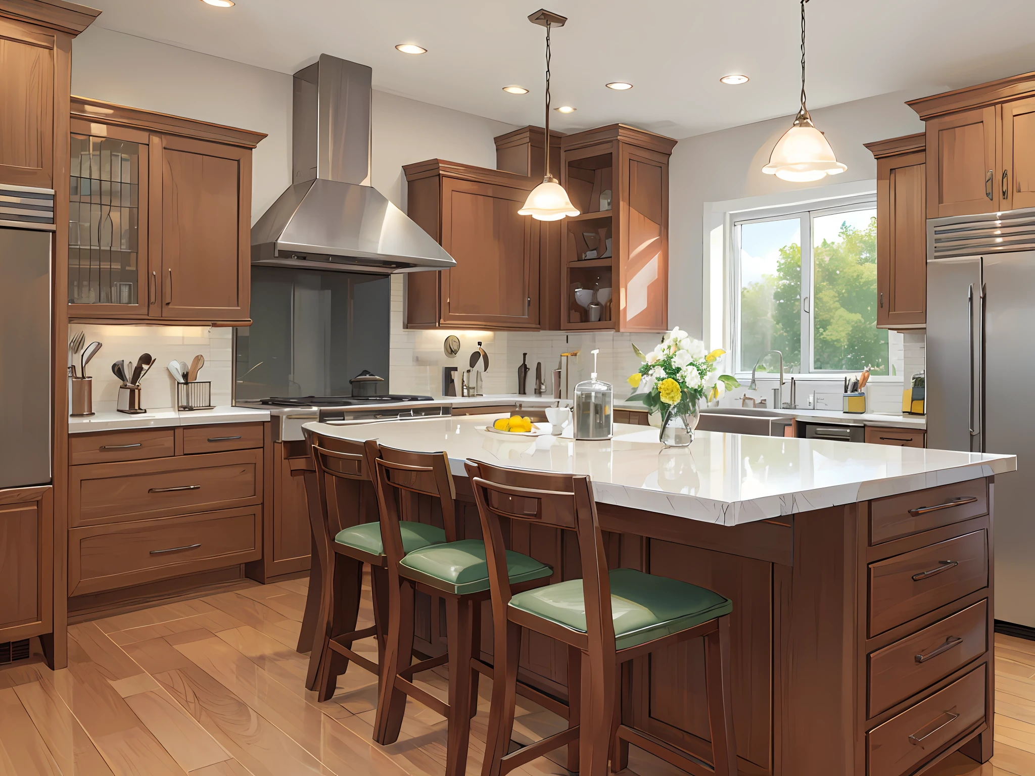 Modern kitchen, glass holders, cupboards, sinks, cooking counters, warm colors, award-winning masterpieces with incredible detail, large windows --v 6
