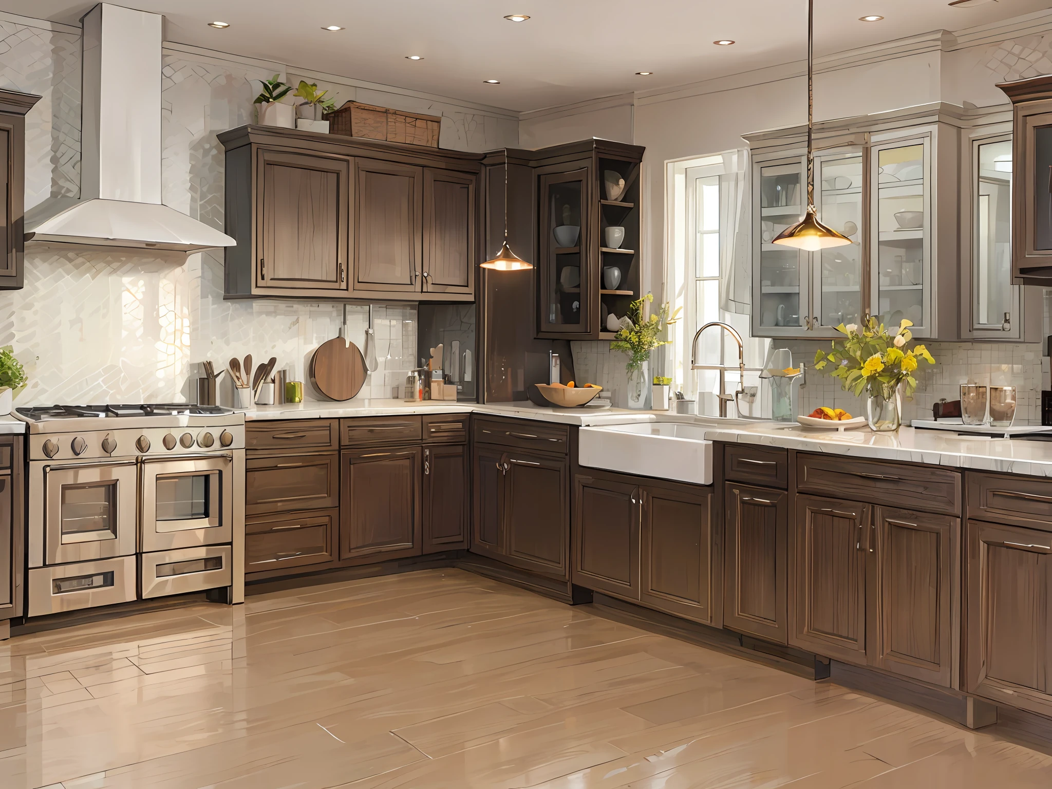 Modern kitchen, glass holders, cupboards, sinks, cooking counters, warm colors, award-winning masterpieces with incredible detail, large windows --v 6