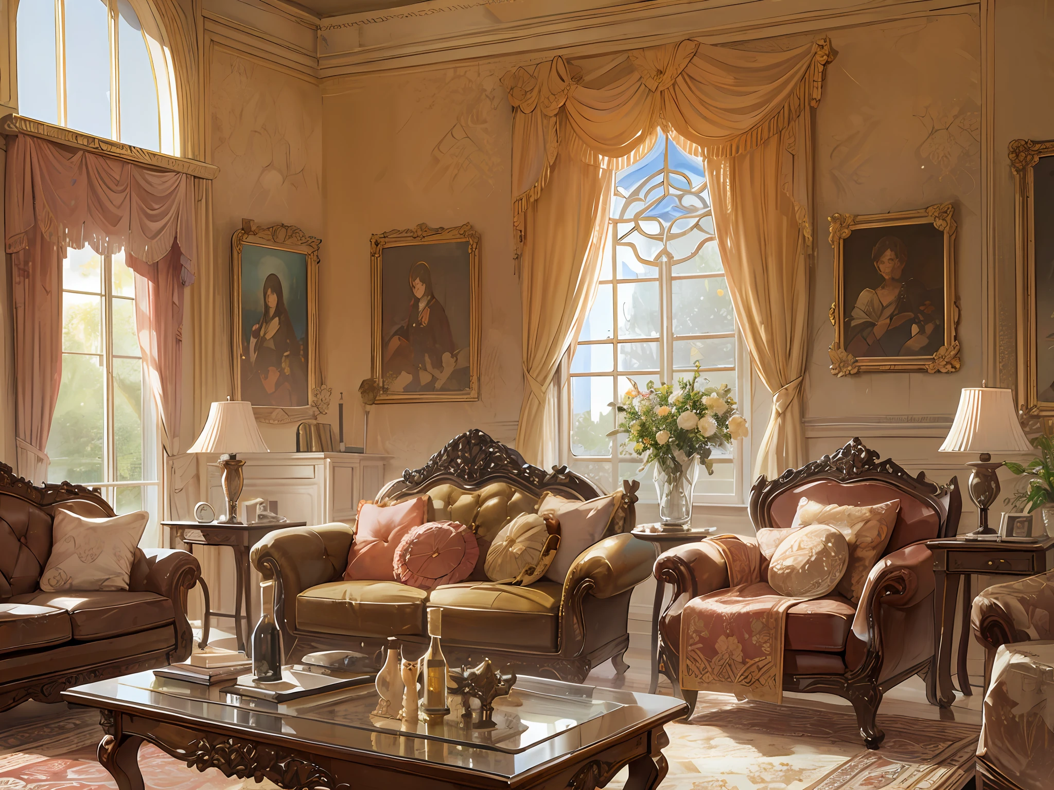 European castle living room, a soft sofa, a coffee table, vases, hanging paintings, square glass windows, wooden furniture, cabinets, intricate carvings, and oil paintings. Warm colors, award-winning masterpieces with incredible detail, large windows --v 6