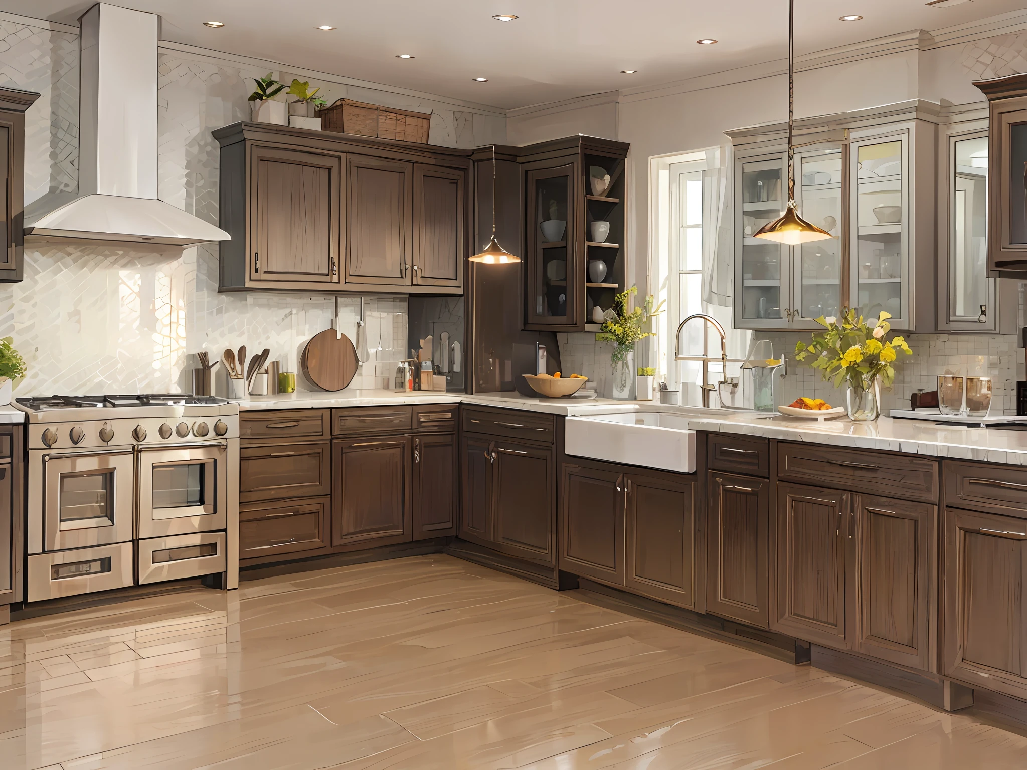 Modern kitchen, glass holders, cupboards, sinks, cooking counters, warm colors, award-winning masterpieces with incredible detail, large windows --v 6