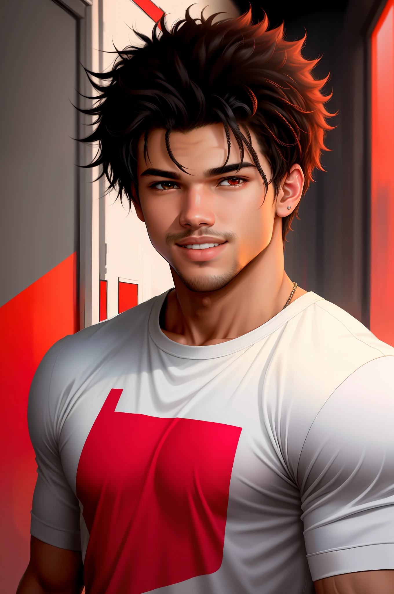 Taylor Lautner with Michael B Jordan's hair (masterpiece), (best quality: 1.0), (ultra highres: 1.0), detailed illustration, 8k, 1boy, boy, wearing eed t-shirt, smiling, detailed face, perfect face, anime eyes, detailed eyes, dark red eyes, eye highlights, detailed hair, black hair, hair highlights, time of day, highly detailed, style, vibrant, red theme