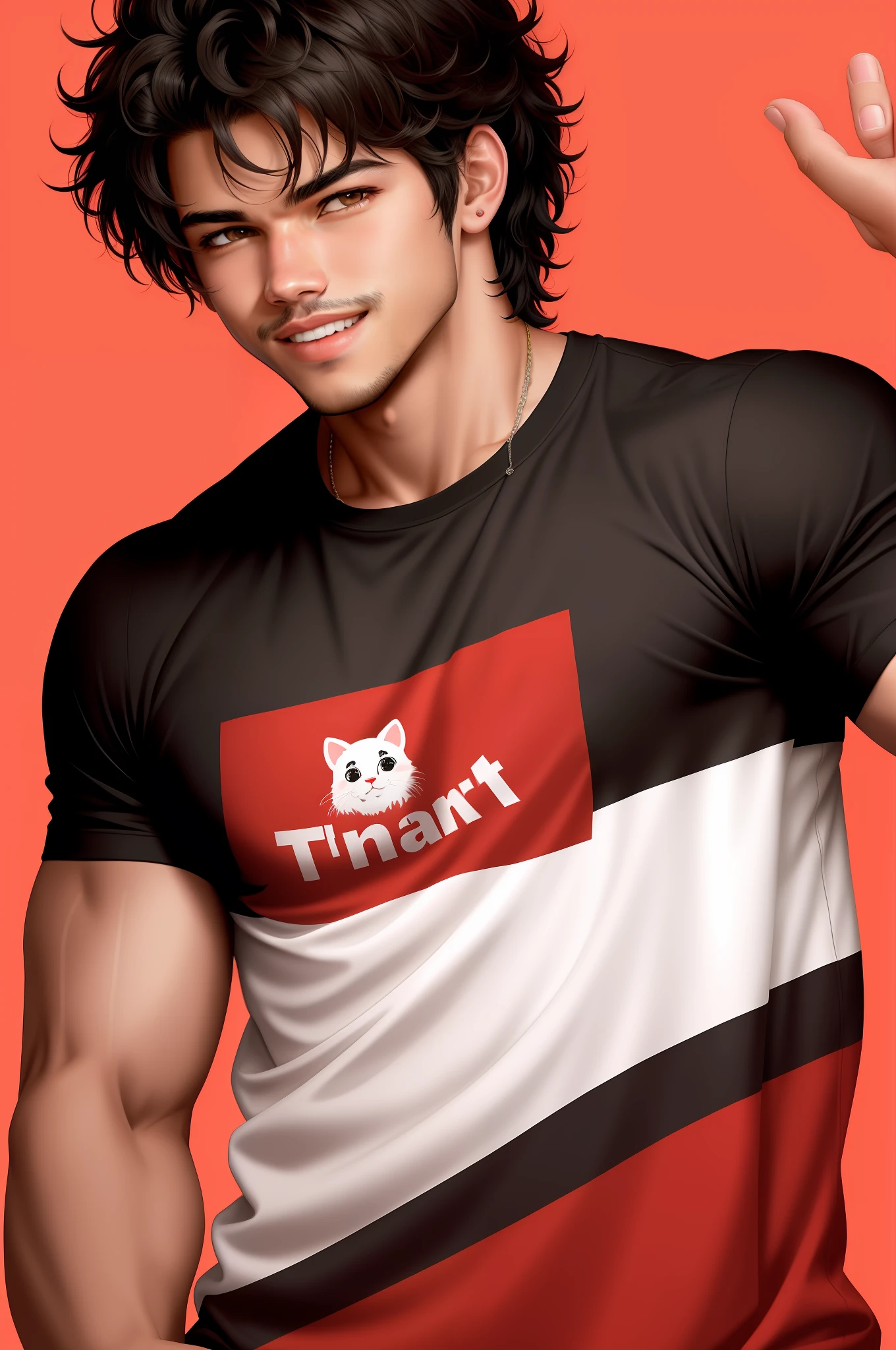 Taylor Lautner with Michael B Jordan's hair (masterpiece), (best quality: 1.0), (ultra highres: 1.0), detailed illustration, 8k, 1boy, boy, wearing eed t-shirt, smiling, detailed face, perfect face, anime eyes, detailed eyes, dark red eyes, eye highlights, detailed hair, black hair, hair highlights, time of day, highly detailed, style, vibrant, red theme
