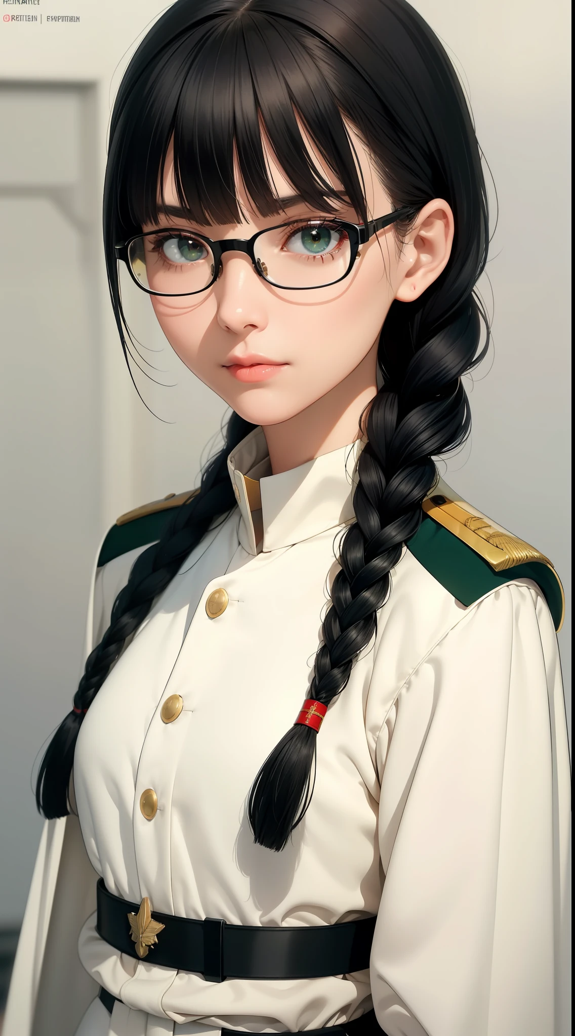 Modest outfit, remote shot, detailed beautiful delicate face, detailed beautiful delicate eyes, perfect facial proportions, high-definition skin, fine skin, four-inch best ratio. With one thumb, a masterpiece, highly detailed, realistic, (World War II German general uniform reference : 1.8), the highest face resolution, adult, modestly dressed woman, dressed entirely, ( small, black hair, black straight bangs, super fine braids, straight bangs, red glasses, dark green eyes), future, science fiction, fighter plane, standing On the landing of a fighter plane, the government agency, a deep intelligent personality, a calm expression, a respectful face, a war, a fighter plane