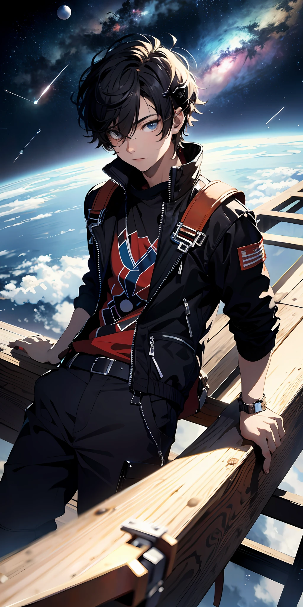 ridiculous resolution, high resolution, (masterpiece:1.4), super detailed, 1boy, seen from above, space, floating, --v 6