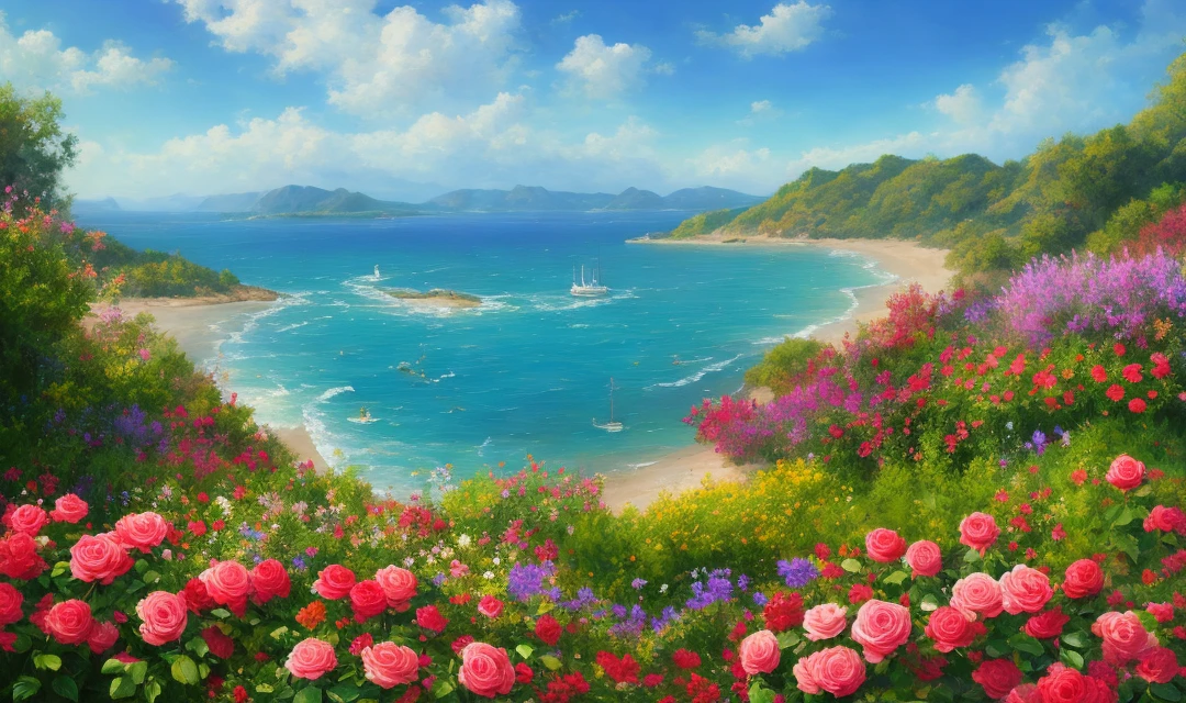 expansive view,an oil painting of In summer, bluish-gray clouds, Colorful roses bloom in the sky and sea,cgsociety,vary,by digital art,ultrawide shot, rendered in artstation.