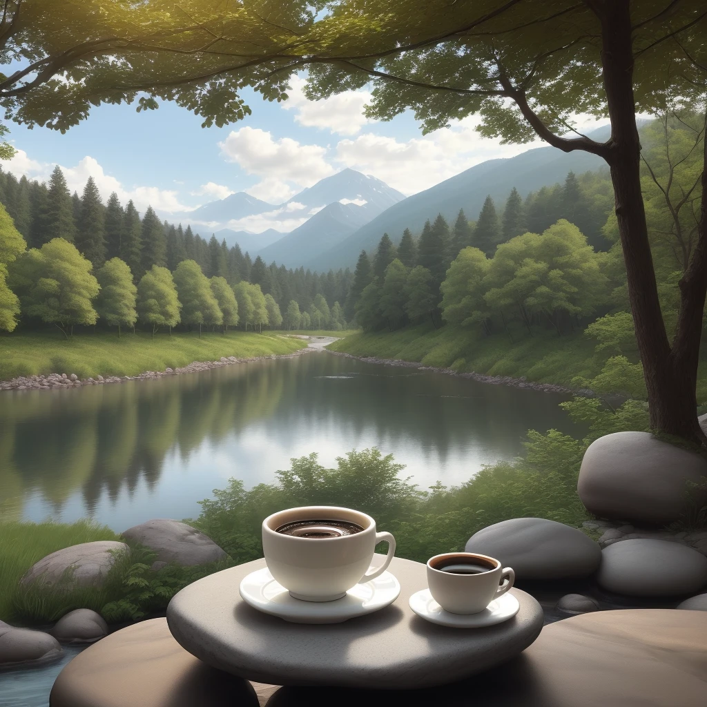 A cup of coffee with outdoor background on a stone with river woods in the background, coffee cup with coffee inside