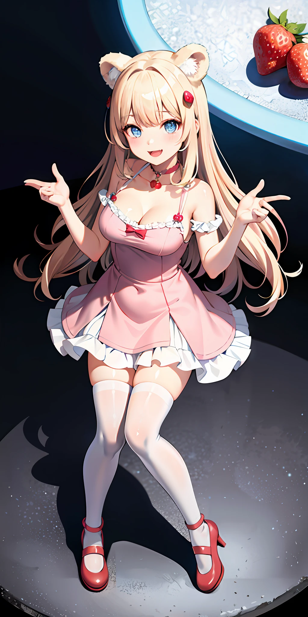 round image,(masterpiece:1.3), (the best quality:1.2), (super fine illustrations:1.2), (Masterpiece), high quality, high detail,(SOLO:1.4),((round image)),[(white background:1.1)::5],[(pink color scheme:1):5],[(game character portrait:1.2):5], (reference sheet), {1 girl},{solo},(((full body))),{{{only five fingers}}},((platinum blonde))long hair ,long hair,whole body, white thighhighs,look at viewer, from above, gray blue eyes, bear girl, bear ears, pink short dress, strawberry, hair ornament, strawberry choker, red footwear, smile, open mouth, one fang, large breasts, cleavage