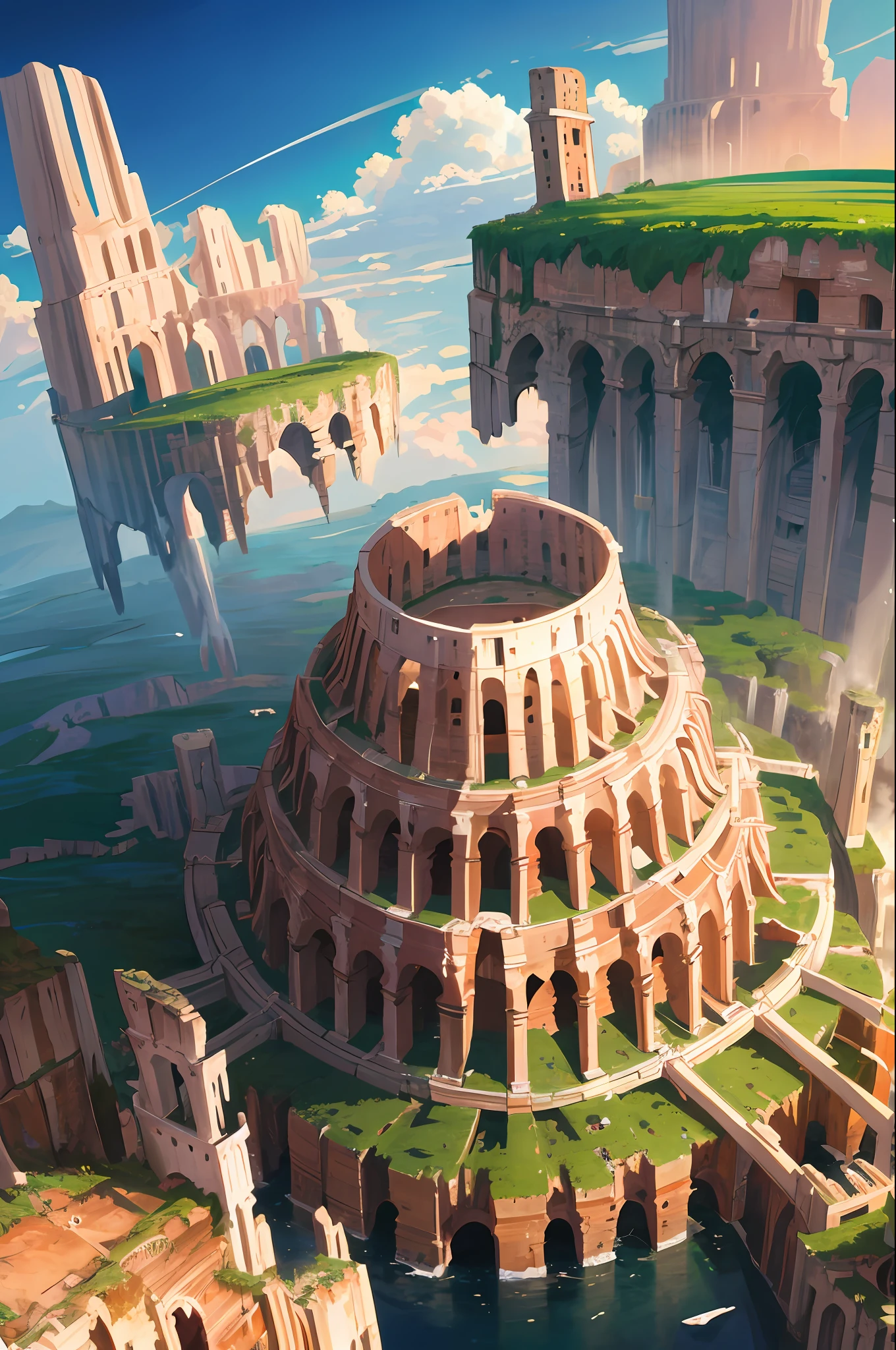 (best quality, masterpiece) wide shot of the colosseum ontop of a floating island in the sky, small floating islands, crystals, morning sun, clouds