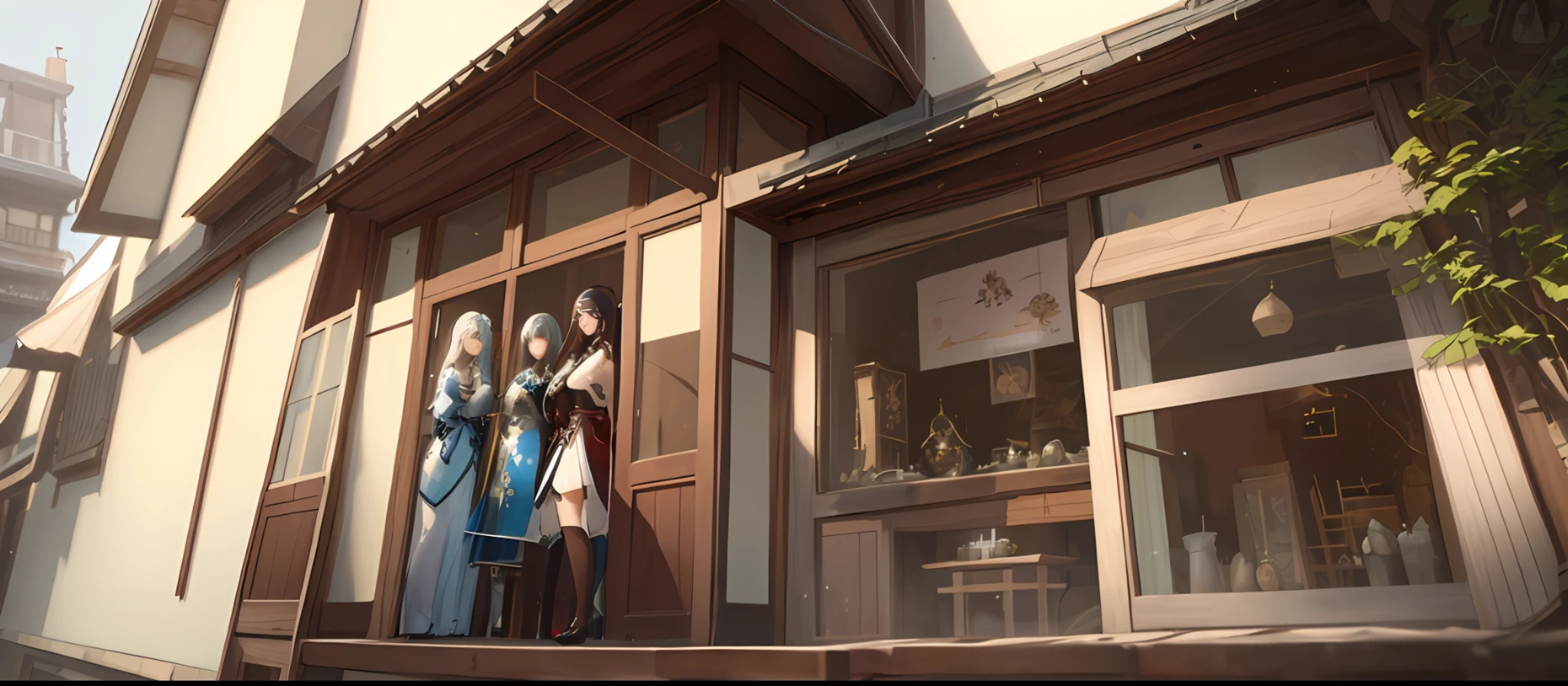 three women in costumes posing for a picture with a window behind them, a detailed painting by Shitao, pixiv, fantasy art, perfect android girl family, anime girls, artwork in the style of guweiz, 8k high quality detailed art, anime goddess, guweiz, guweiz on pixiv artstation, anime! 4 k