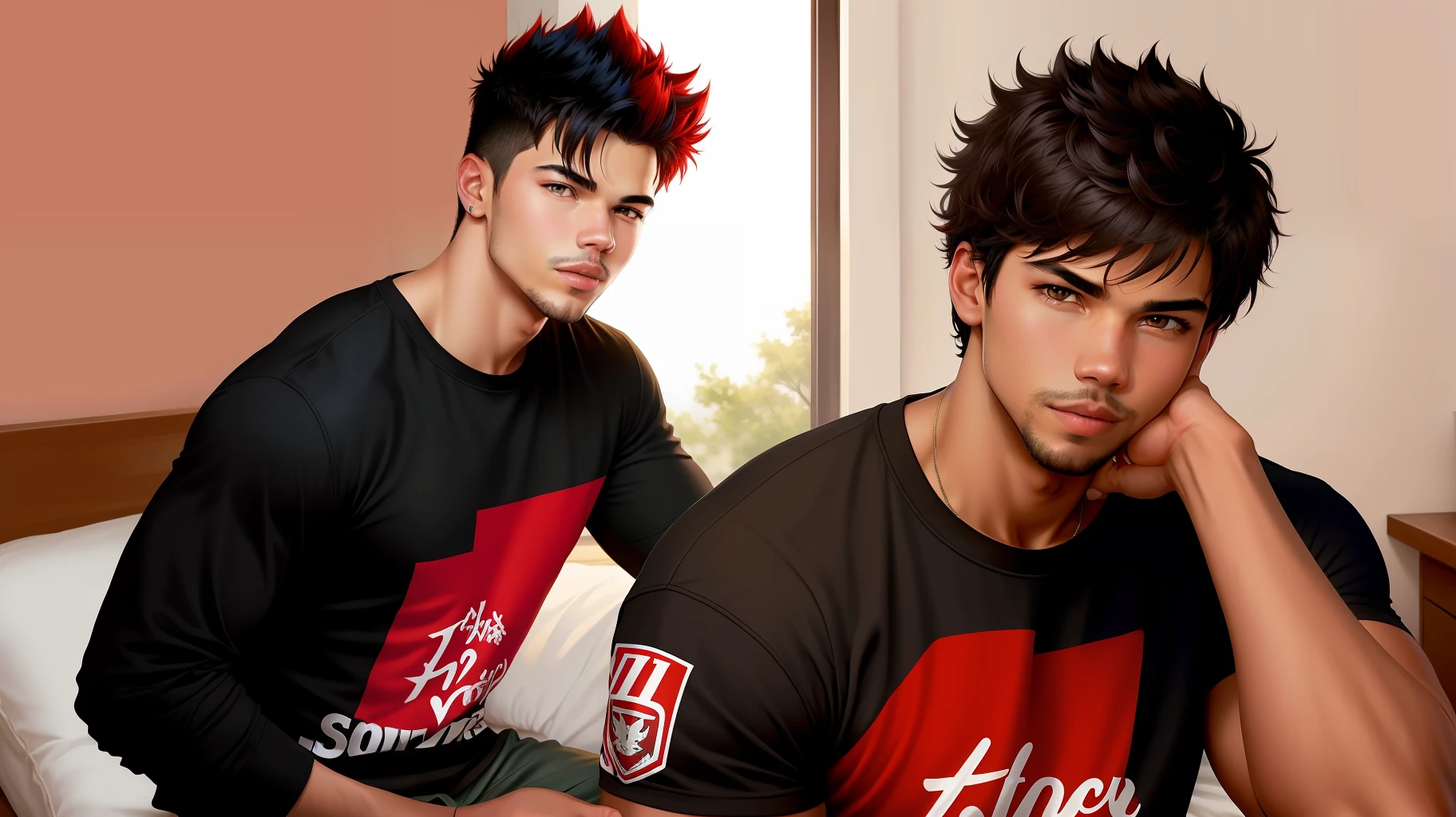 Taylor Lautner with Michael B Jordan's hair sitting on the bed (masterpiece), (best quality: 1.0), (ultra highres: 1.0), detailed illustration, 8k, 1boy, anime boy, wearing eed t-shirt, , detailed face, perfect face, anime eyes, detailed eyes, dark red eyes, eye highlights, detailed hair, black hair, hair highlights, time of day, highly detailed, anime style,  vibrant, red theme