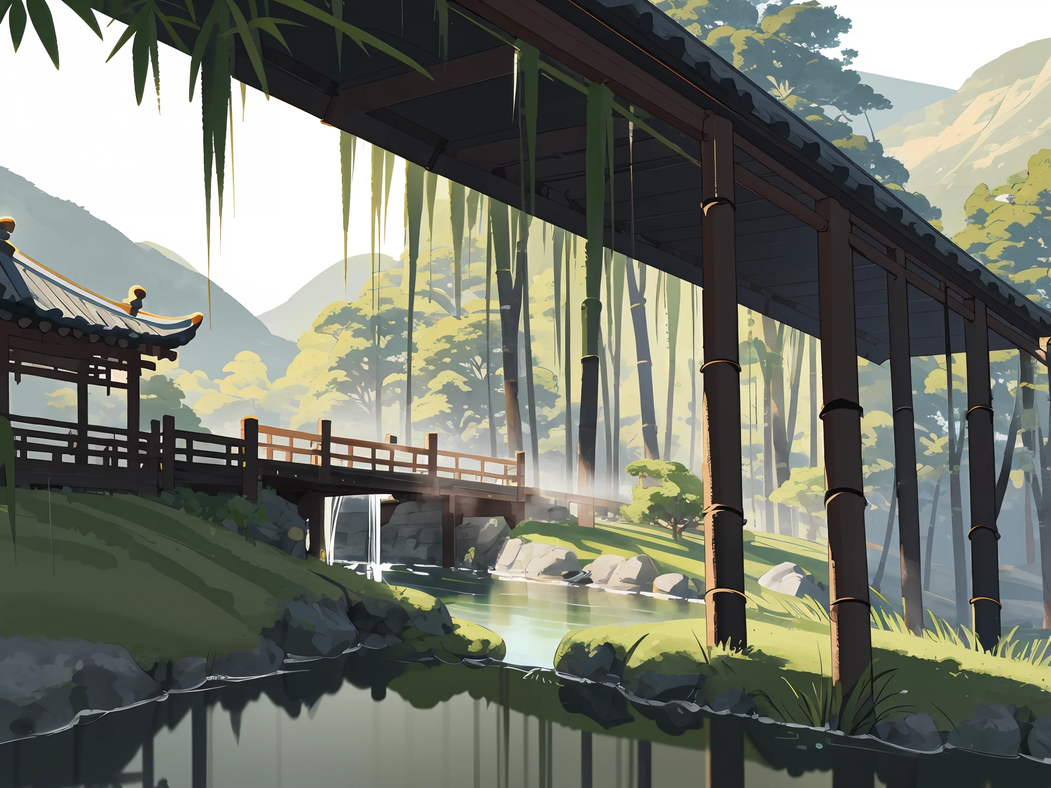 Ancient Chinese architecture, spring, dark night, garden, bamboo, lake, stone bridge, peach blossom, trees, flowing water, landscape, outdoor, grass, rock, (Illustration: 1.0 ), epic composition, realistic lighting, HD details, masterpiece, best quality, (very detailed CG unity 8k wallpapers), clay texture, clean background, natural light, best quality, ultra detail, 3d art, c4d, blender, oc renderer, 3d render, 8k