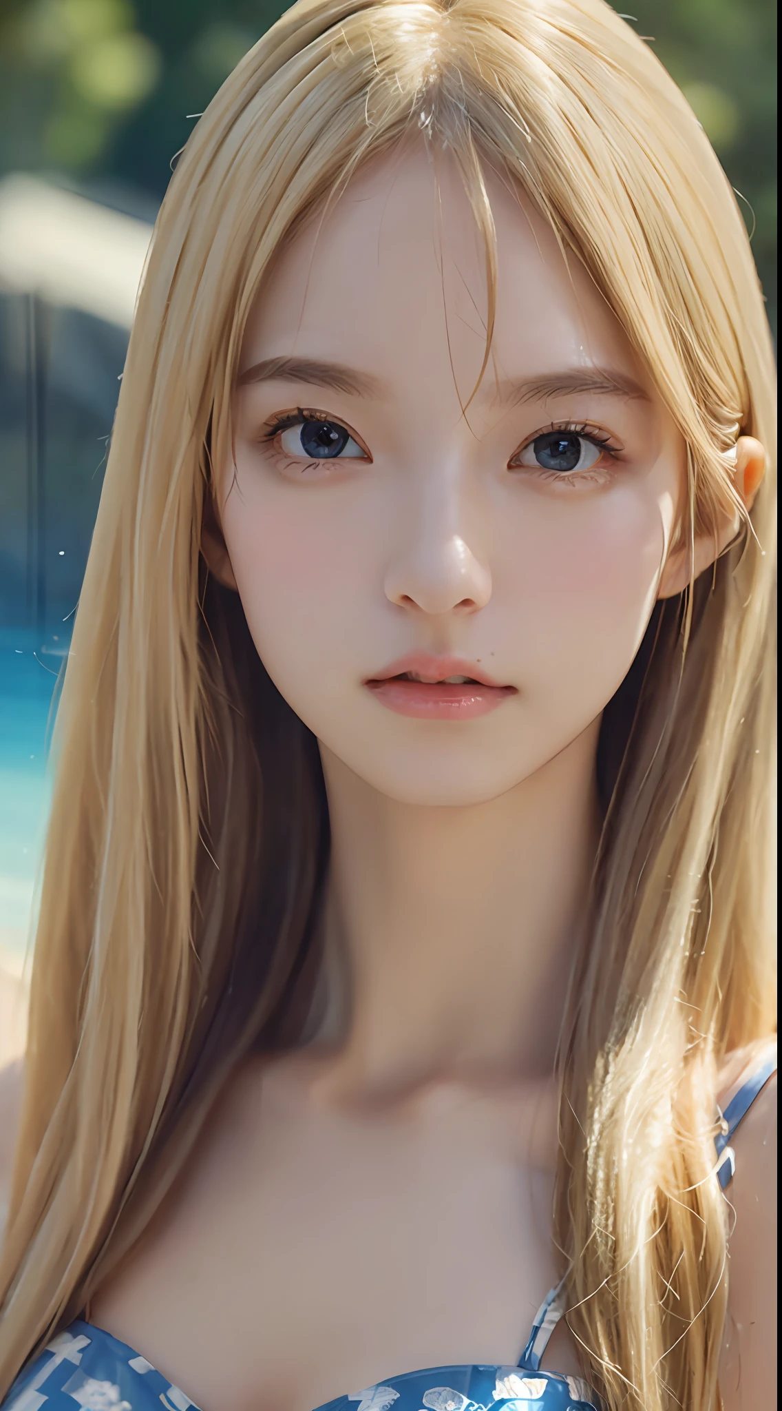 ((Best Quality, 8k, Masterpiece: 1.3)), 1 woman, Beautiful girl with slender abs: 1.3, blonde, big: 1.2, seductive pose, pool, ultra-detailed face, highly detailed lips, detailed eyes, double eyelids