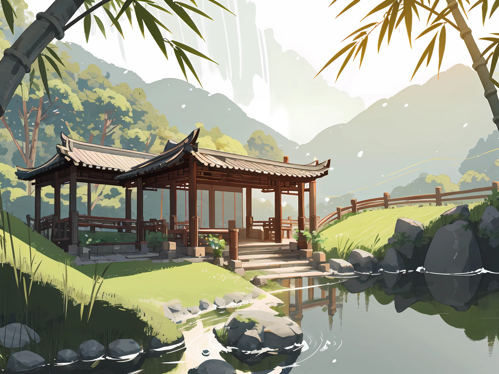 Ancient Chinese architecture, spring, dark night, garden, bamboo, lake, stone bridge, peach blossom, trees, flowing water, landscape, outdoor, grass, rock, (Illustration: 1.0 ), epic composition, realistic lighting, HD details, masterpiece, best quality, (very detailed CG unity 8k wallpapers), clay texture, clean background, natural light, best quality, ultra detail, 3d art, c4d, blender, oc renderer, 3d render, 8k