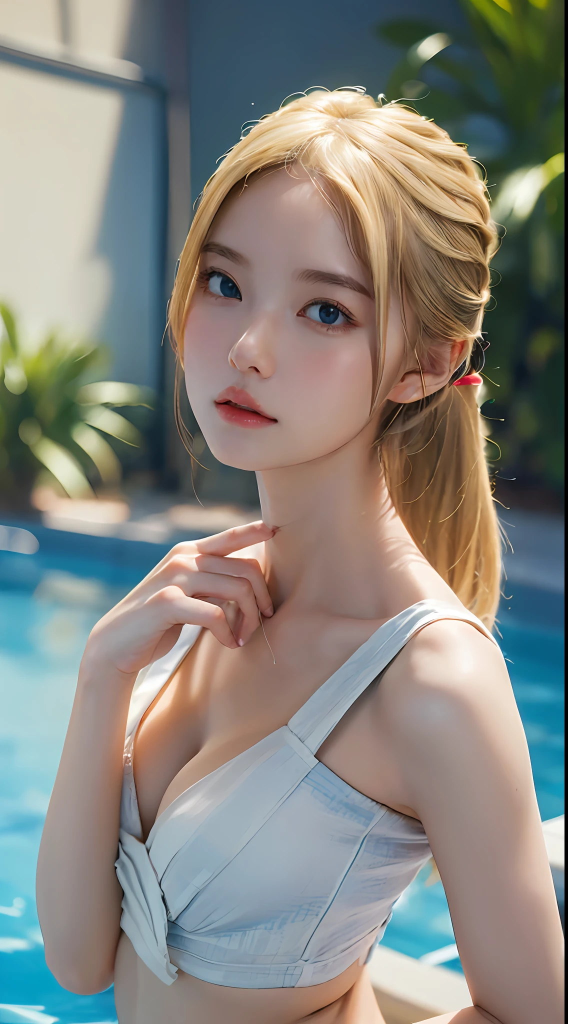 ((Best Quality, 8k, Masterpiece: 1.3)), 1 woman, Beautiful girl with slender abs: 1.3, blonde, big: 1.2, seductive pose, pool, ultra-detailed face, highly detailed lips, detailed eyes, double eyelids