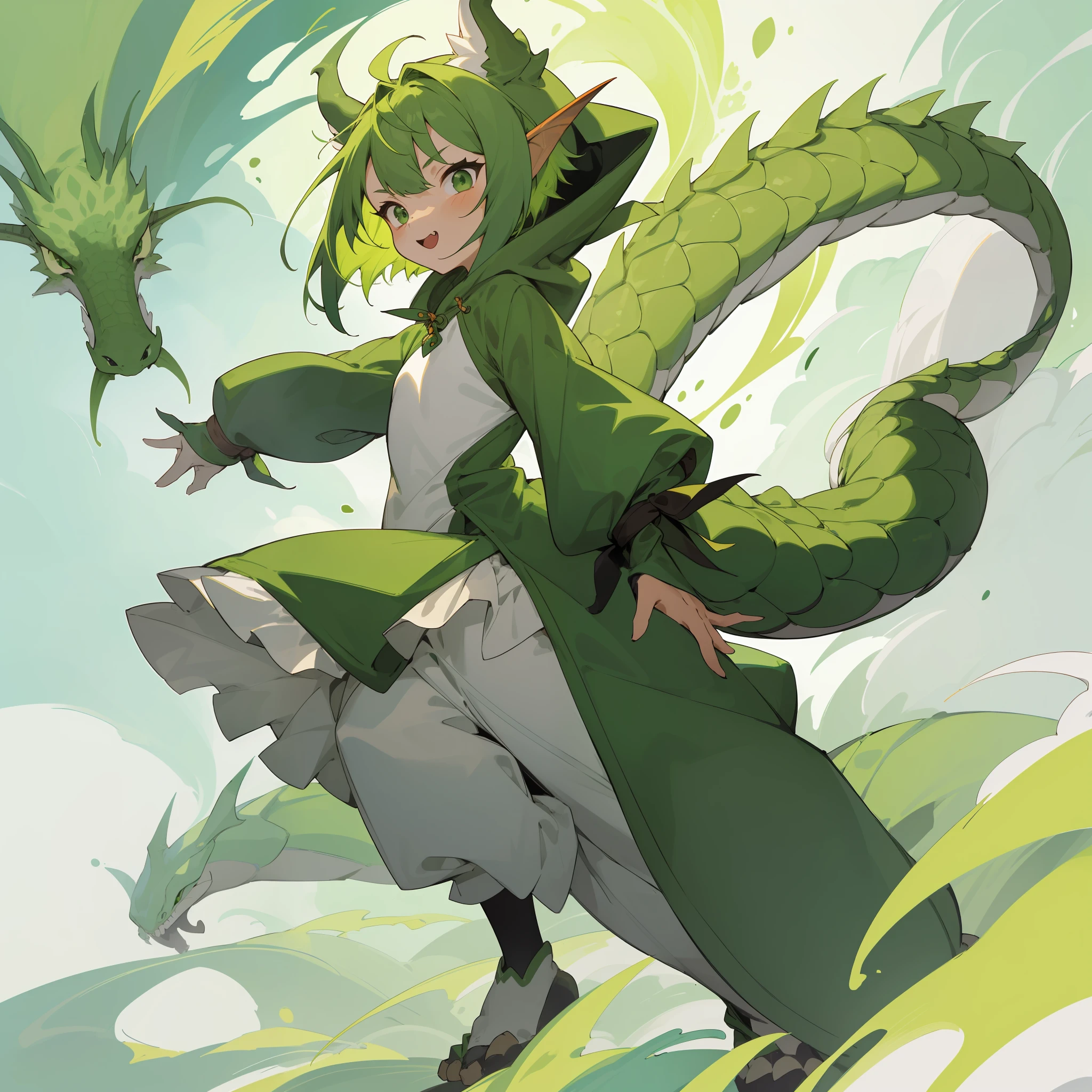 A green-haired 13-year-old little girl wearing a cute green dragon mascot costume, with a dragon hood,in the white room,standing roaring,In a loose and bulging costume,short hair,green hair,cute,There are no dragons just a little girl wearing a green dragon mascot costume,anime full body illustration,design character,