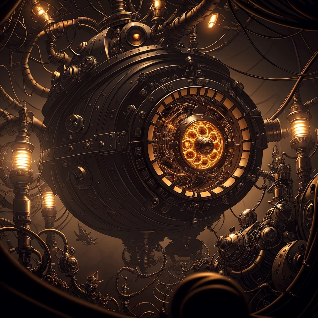 A beholder piloting an automaton hovers peacefully in the foreground with a incredibly complex and intricate network of cables arcing behind him, dark fantasy, dark atmosphere, atmospheric lighting, cinematic lighting, best angle, ultra-detailed, intricate, angle from above