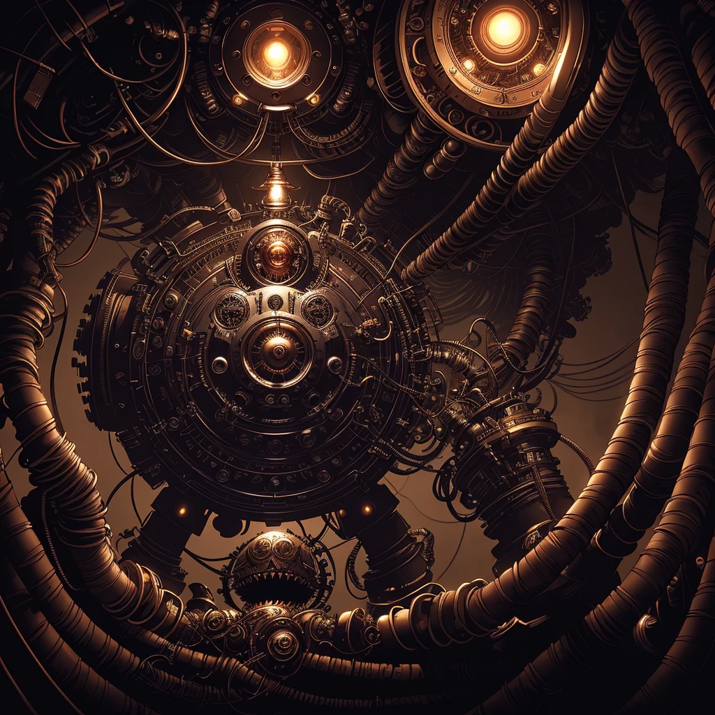 A beholder piloting an automaton hovers peacefully in the foreground with a incredibly complex and intricate network of cables arcing behind him, dark fantasy, dark atmosphere, atmospheric lighting, cinematic lighting, best angle, ultra-detailed, intricate, angle from below