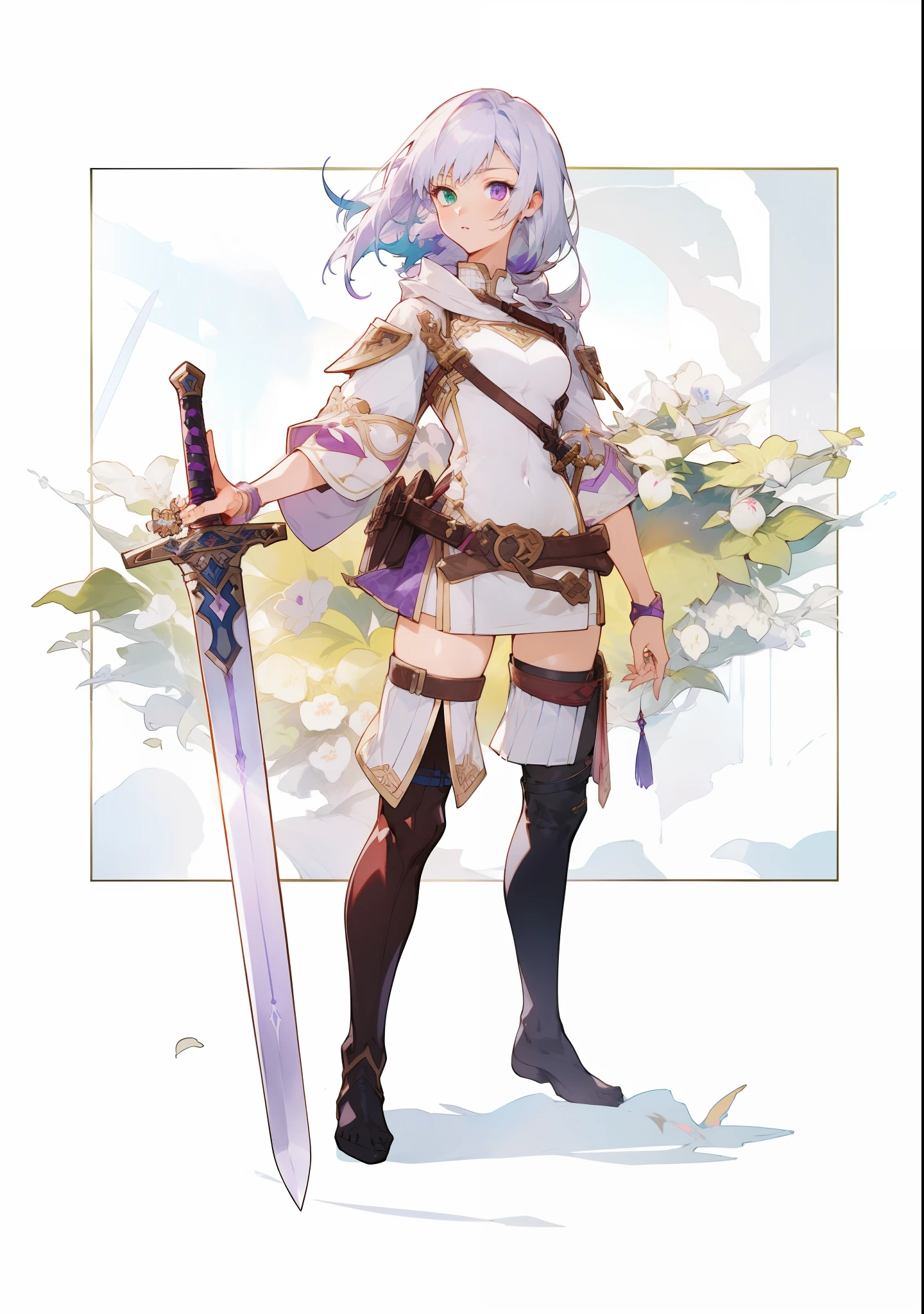 a close up of a person holding a sword and a sword, female protagonist 👀 :8, female protagonist, rpg portrait full body, by Akihiko Yoshida, anime full body illustration, detailed anime character art, jrpg character art, crisp clear rpg portrait, official character art, official art, female anime character, fullbody rpg portrait, anime character art,white hair,long hair, heterochromia iridum eyes,red and purple eyes,