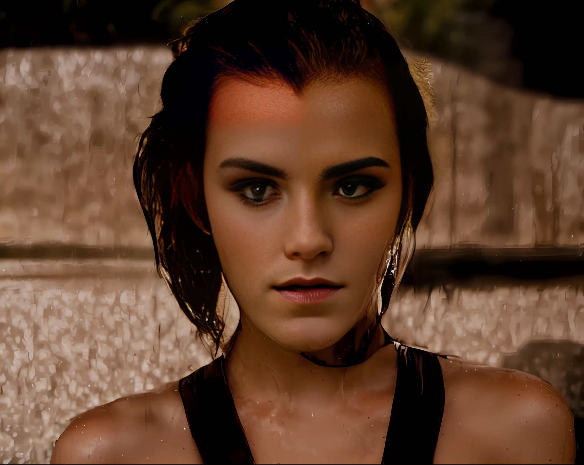 Emma Watson posing for a picture side of pool, seductive stare, smokey eye shadow, fierce - looking, watery red eyes, Wet hair, hair pulled back, water, very realistic film still, movie still, cinematic film still, movie screencap, cinematic still, hyper realistic movie film still,still frame from a movie, professional lighting, professional makeup