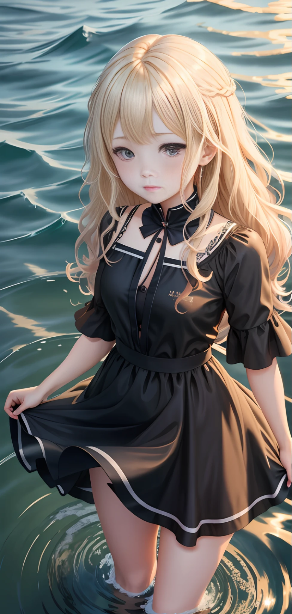 Blonde anime girl with wavy wavy hair to the waist in a black dress back on the water and her reflection in the water is that of a high school girl short hair to the brown neck, Loli in dress, Anime girl walking on water, Lolish, Anime girl in a black dress, Cute anime waifu with a nice dress, Anime girl with an aristocrat costume, Guweiz, Anime Wallaper, Soft anime illustration, Anime background, Loli, high school girl reflected in water, water reflection
