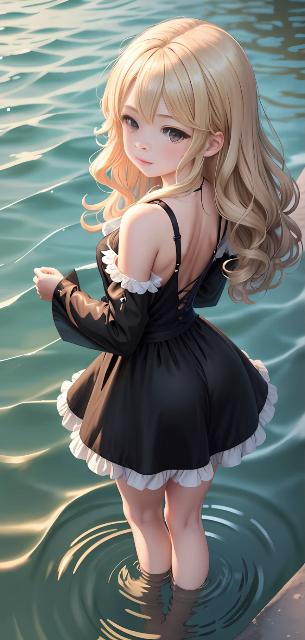 Blonde anime girl with wavy wavy hair to the waist in a black dress back on the water and her reflection in the water is that of a high school girl short hair to the brown neck, in dress, Anime girl walking on water, LoliAnime girl in a black dress, Cute anime waifu with a nice dress, Anime girl with an aristocrat costume, Guweiz, Anime Wallaper, Soft anime illustration, Anime background, Loli, hichool girl reflected in water, water reflection