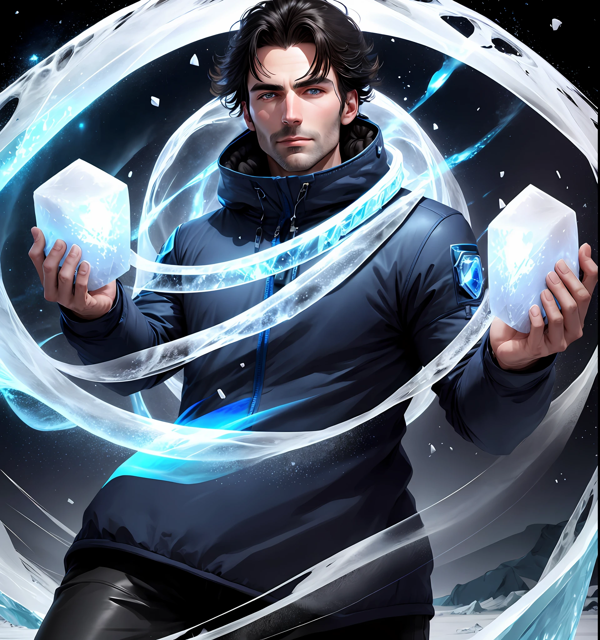 dark-haired white man on the ice of Antarctica, with ice power in his hands and a blue aura around him
