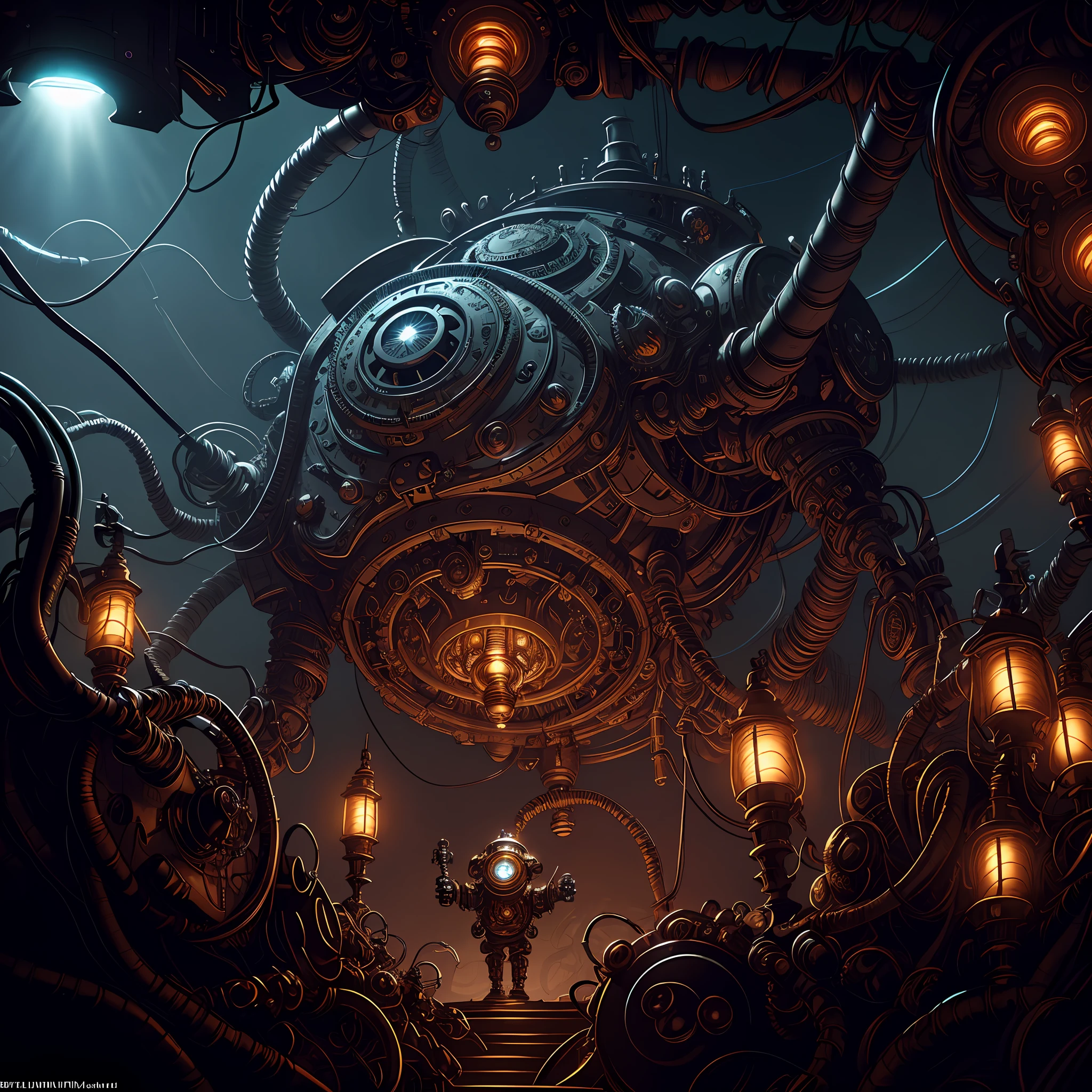 A beholder piloting an automaton hovers peacefully in the foreground with a incredibly complex and intricate network of cables arcing behind him, dark fantasy, dark atmosphere, atmospheric lighting, cinematic lighting, best angle, ultra-detailed, intricate, angle from behind