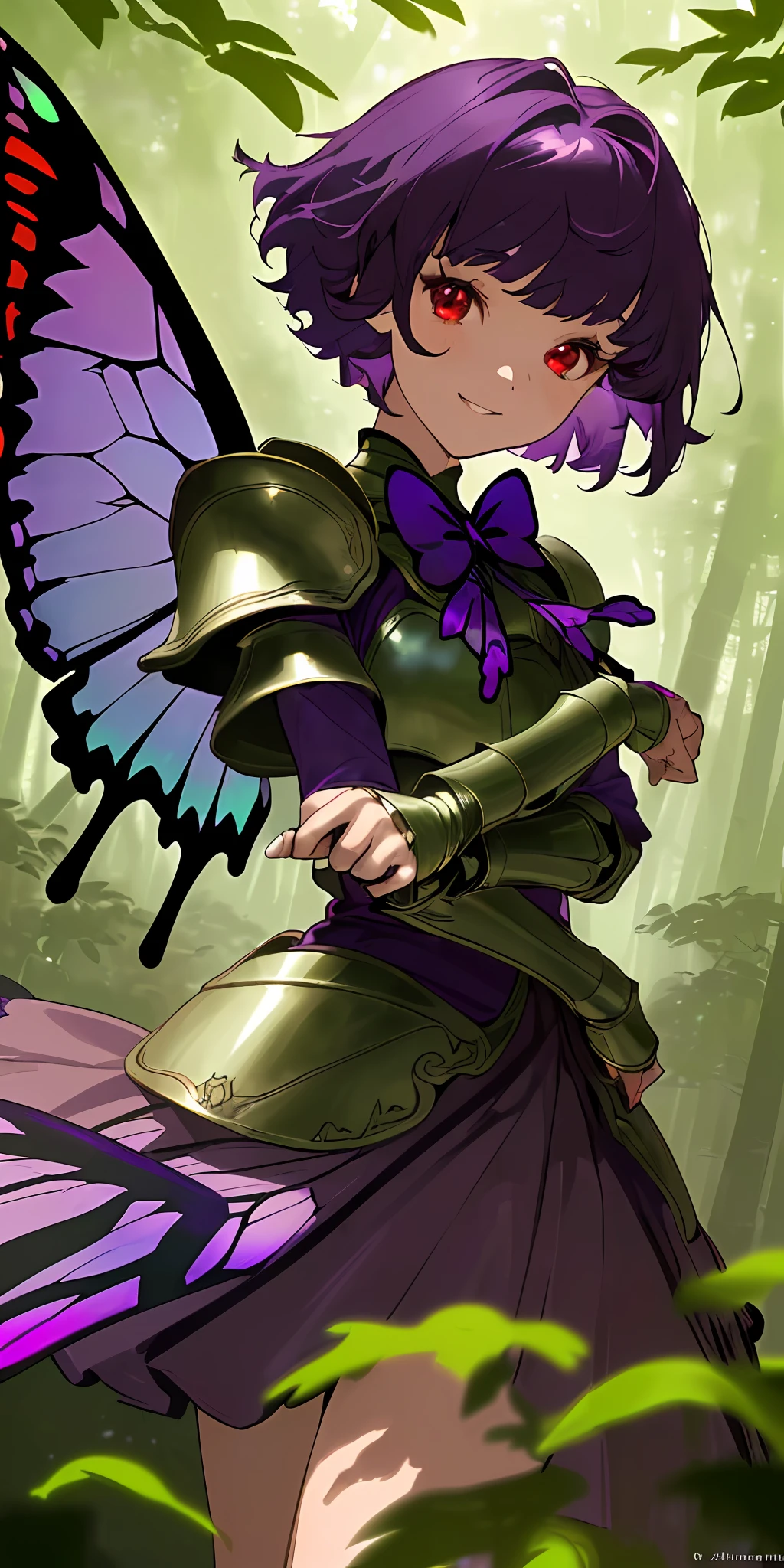 (ultra-detailed, extremely de, masterful quality),(beautiful lighting, best shadow),(beautiful young girl with purple short hair, red eyes, looking at the camera with a smile, dressed in leather green armor, holding a short bow, butterfly wings in her hands),(forest background, purple spray, wind, bright greenery, dreamy atmosphere)