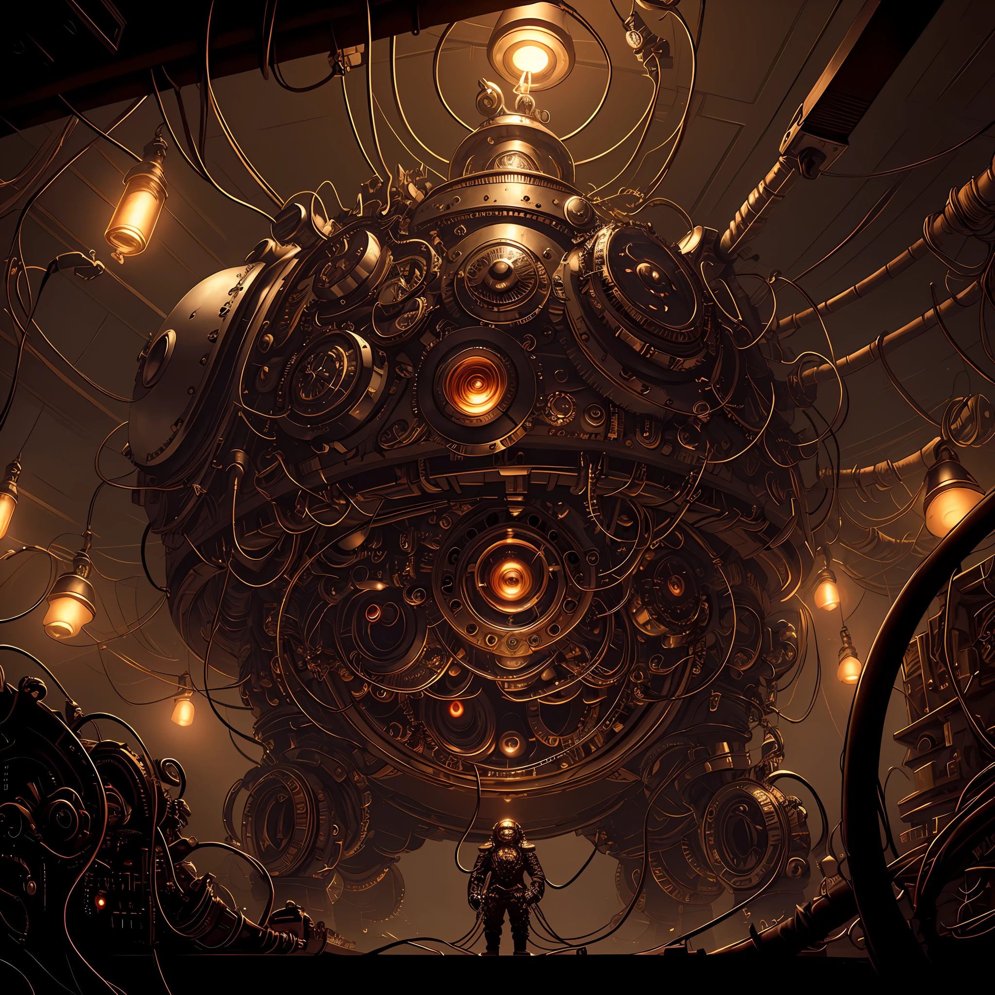 A beholder piloting an automaton hovers peacefully in the foreground with a incredibly complex and intricate network of cables arcing behind him, dark fantasy, dark atmosphere, atmospheric lighting, cinematic lighting, best angle, ultra-detailed, intricate, angle from below