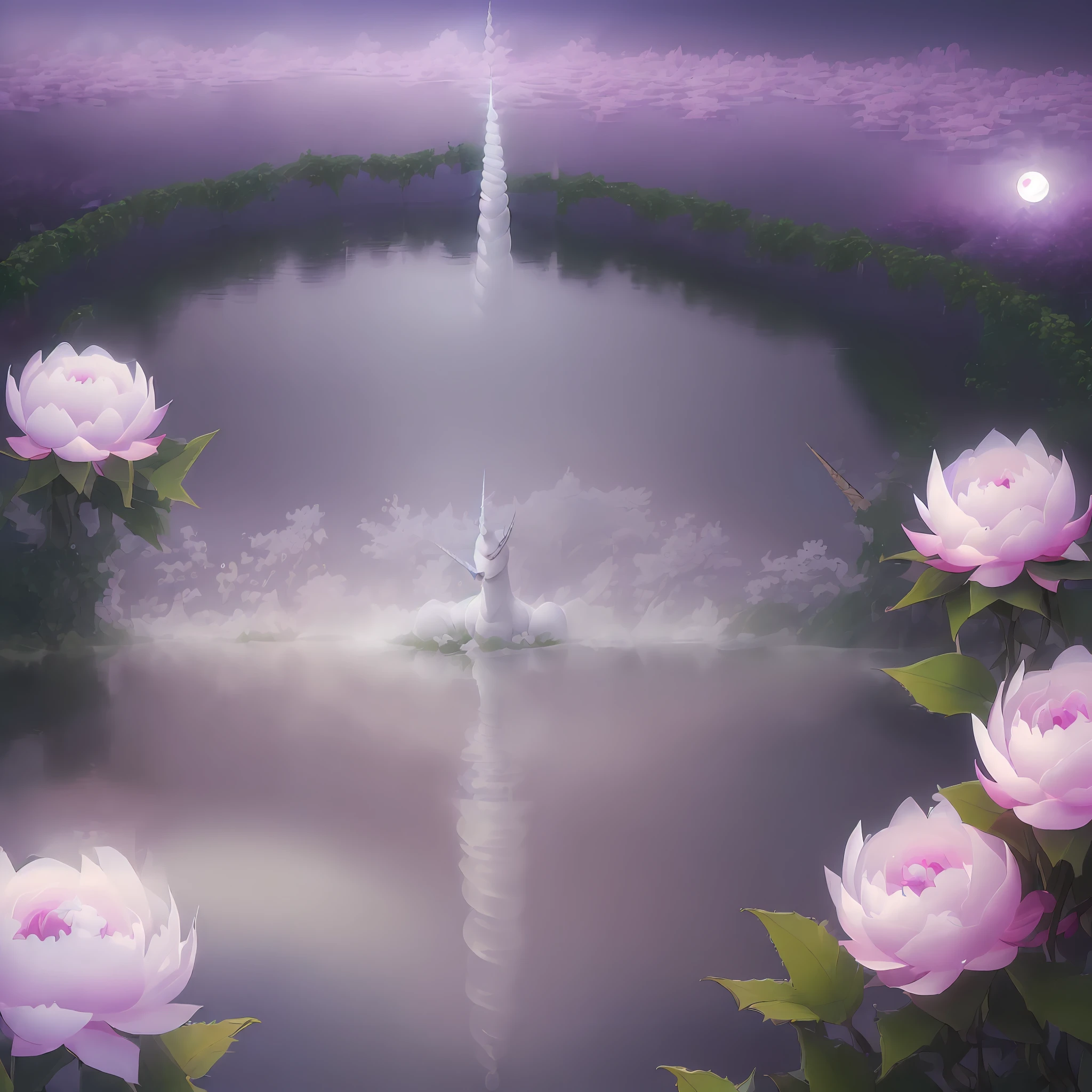 ((((White Unicorn), Clear Lake Water, Vines, Peony Flower), Mist, Night), (Firefly: 1.2, Moonlight Scattering)), (4K:1.2), Wide: 0.5, Double Exposure, Blur), will be called a high-resolution night forest, able to fully display the details and vividness of animals and flowers.
