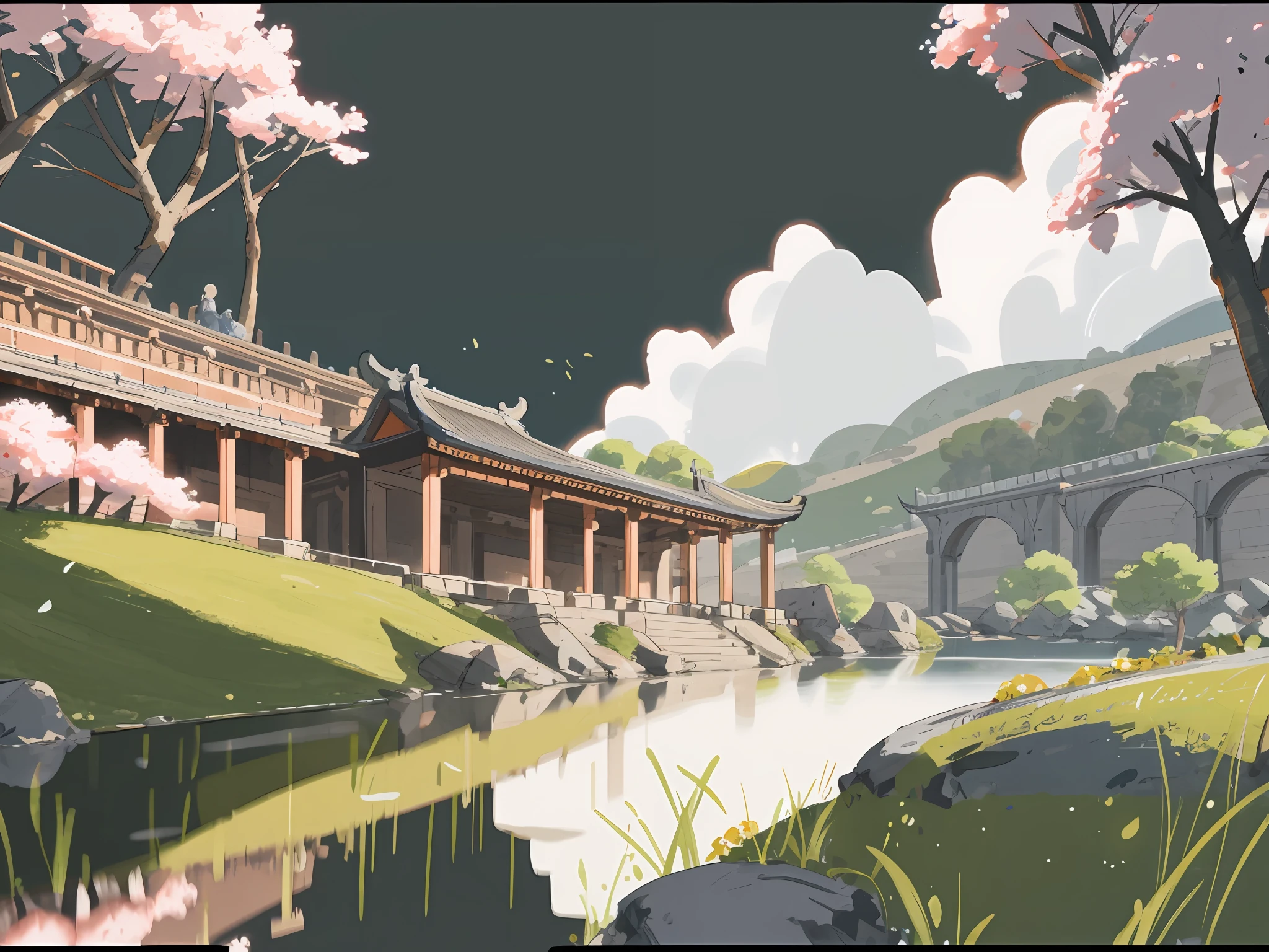 Ancient Chinese architecture, (spring, dark night, garden, lake, stone bridge, peach blossom, trees, flowing water, landscape, outdoor, grass, rock), (Illustration: 1.0 ), epic composition, realistic lighting, HD details, masterpiece, best quality, (very detailed CG unity 8k wallpapers), clay texture, clean background, natural light, best quality, ultra detail, 3d art, c4d, blender, oc renderer, 3d render, 8k