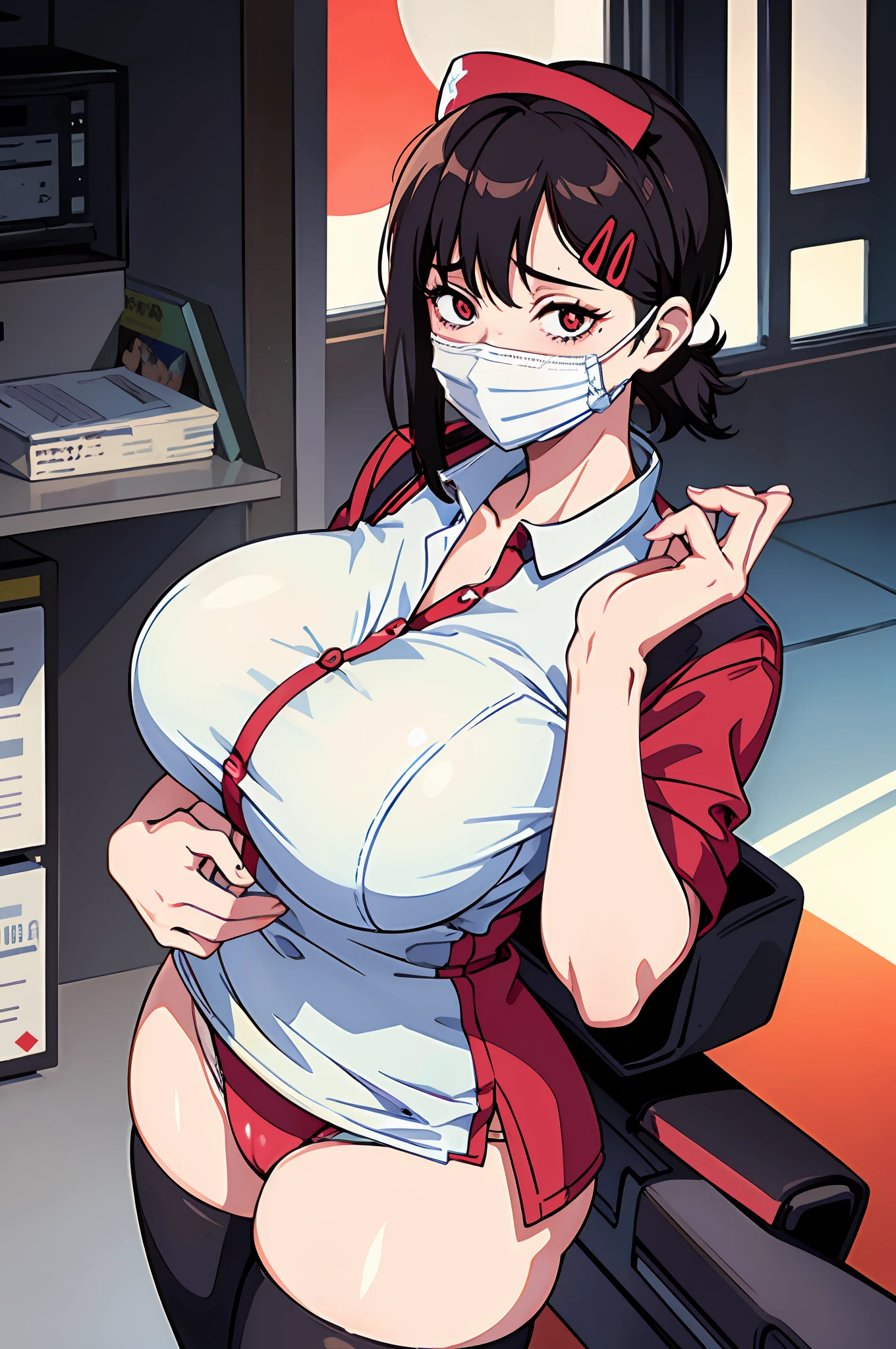 Sexy nurse, white mouth and nose mask, mask covering mouth, mask covering nose, depth, patient pov, nurse taking care of viewer, viewer is a patient, seductive eyes, eyes, nurse outfit, Squishy thighs , nurse girl, steamy, Crazy, yandere, steam around face, humid, white mask, hands between thighs, panties around thighs, pulling down panties, detailed, masterpiece, eyes,