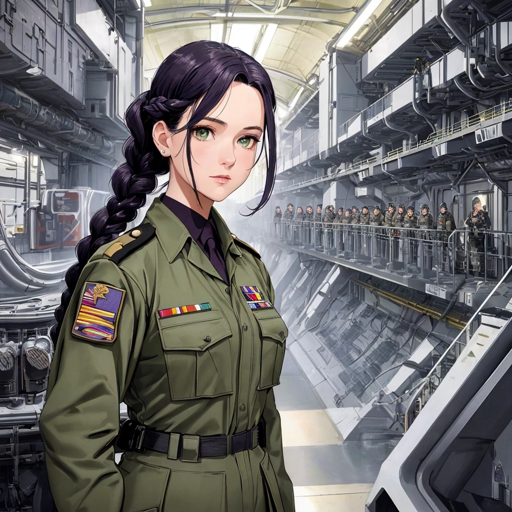 Masterpiece,Movie Poster,Realism,Face Resolution,Adult,Woman,25 Years Old,Dark Green Eyes,Purple-Black Hair,Double Braided Hairstyle,Smooth Pony Face,Commander Uniform,Commander Uniform,Standing at Air Force Airfield,Science Fiction,Sci-Fi,(Foundation Movie Reference)