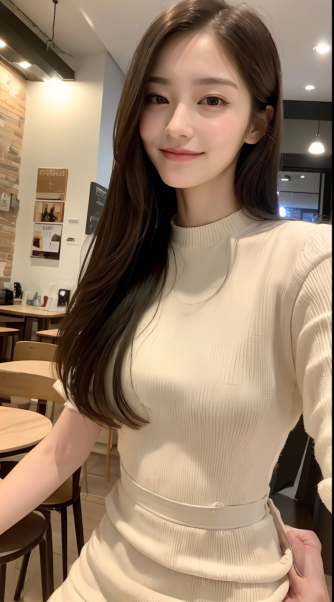 ((Top Quality, 8k, Masterpiece: 1.3)), 1 girl, beautiful woman with slender abs: 1.3, (Long hair, big: 1.2), One Piece: 1.2, Super delicate face, Delicate eyes, Double eyelids, Smile, Home, Random colored clothes, Cafe, Back view photo, Her feeling, Other shooting,