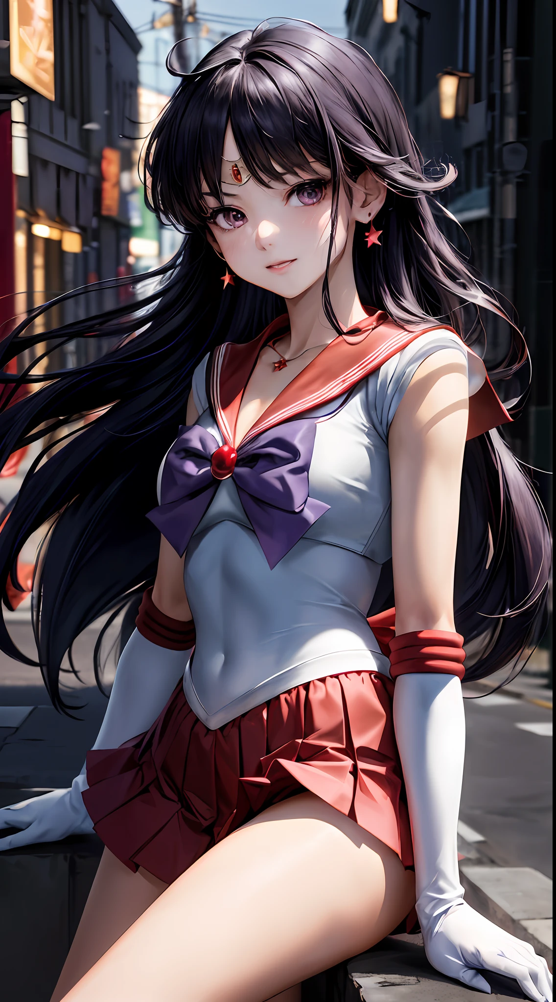 Masterpiece, best quality, high resolution, sama1, tiara, sailor sensi uniform, white gloves, red sailor collar, (red skirt), star necklace, elbow gloves, pleated skirt, bare leg, purple bow, denim shooting, background bokeh (((85mm lens)), front facing camera, gentle expression, wind blowing hair, hair (black), sideways, posing