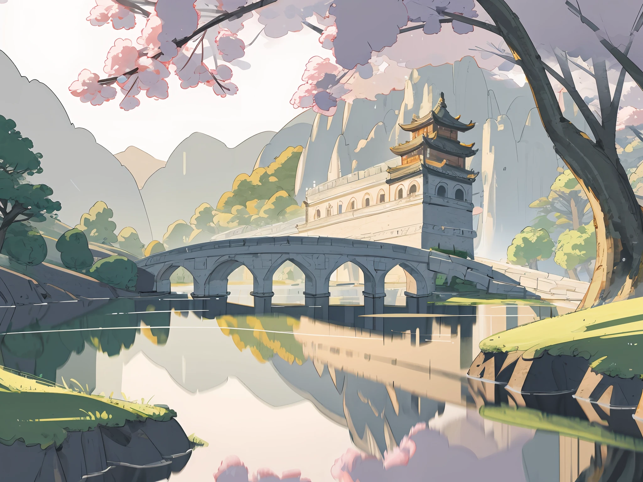 Ancient Chinese architecture, (spring, moon, dark night, garden, lake, stone bridge, peach blossom, trees, flowing water, landscape, outdoor, grass, rock), (Illustration: 1.0 ), epic composition, realistic lighting, HD details, masterpiece, best quality, (very detailed CG unity 8k wallpapers), clay texture, clean background, natural light, best quality, ultra detail, 3d art, c4d, blender, oc renderer, 3d render, 8k