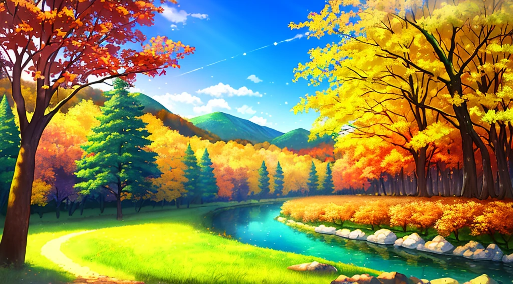 (masterpiece, best quality, shadowing), nature, forest, blue trees, yellow trees, shimmering trees, glowing trees, autumn, river, rocky slope, flower field